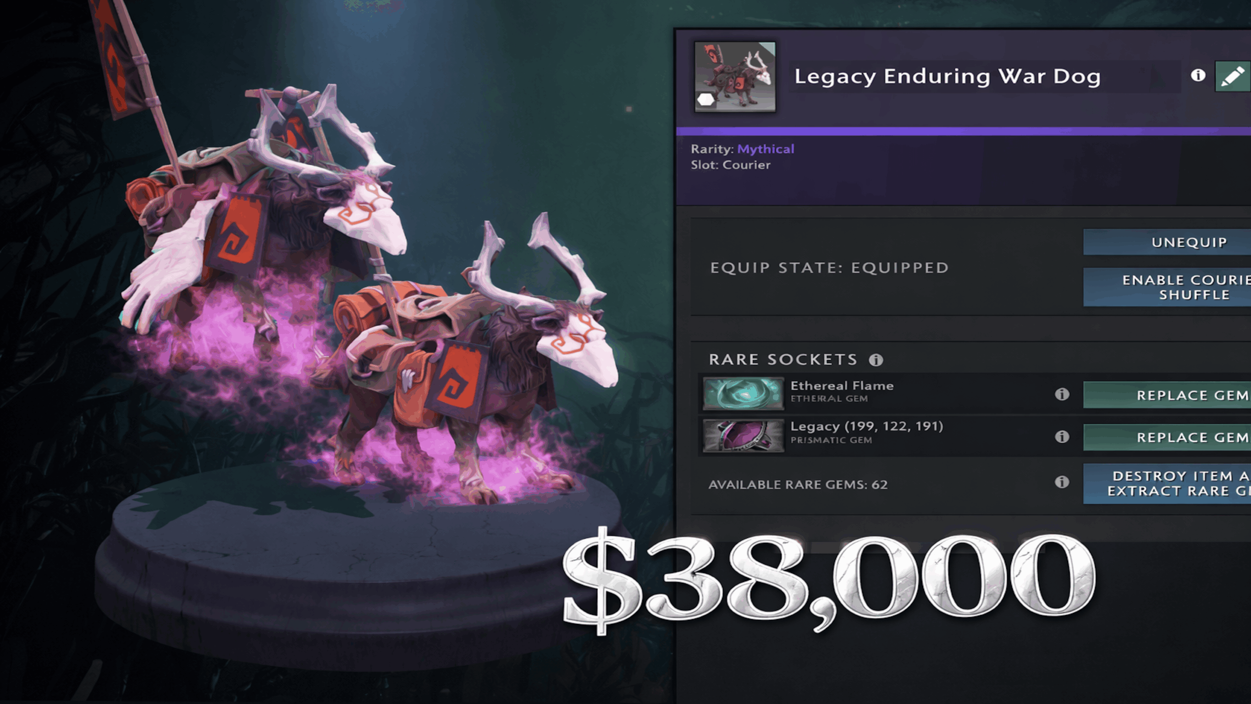 Expensive Ethereal Flames Wardog courier Dota 2 with unique effects worth $38,000