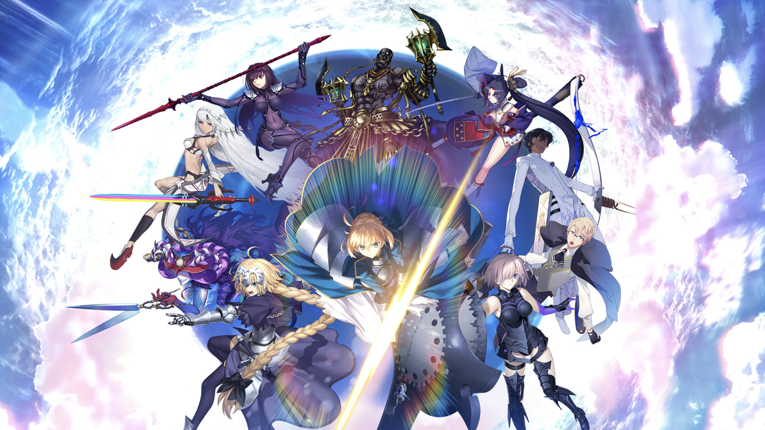 Fate Grand Order character summon screen with anime style heroes