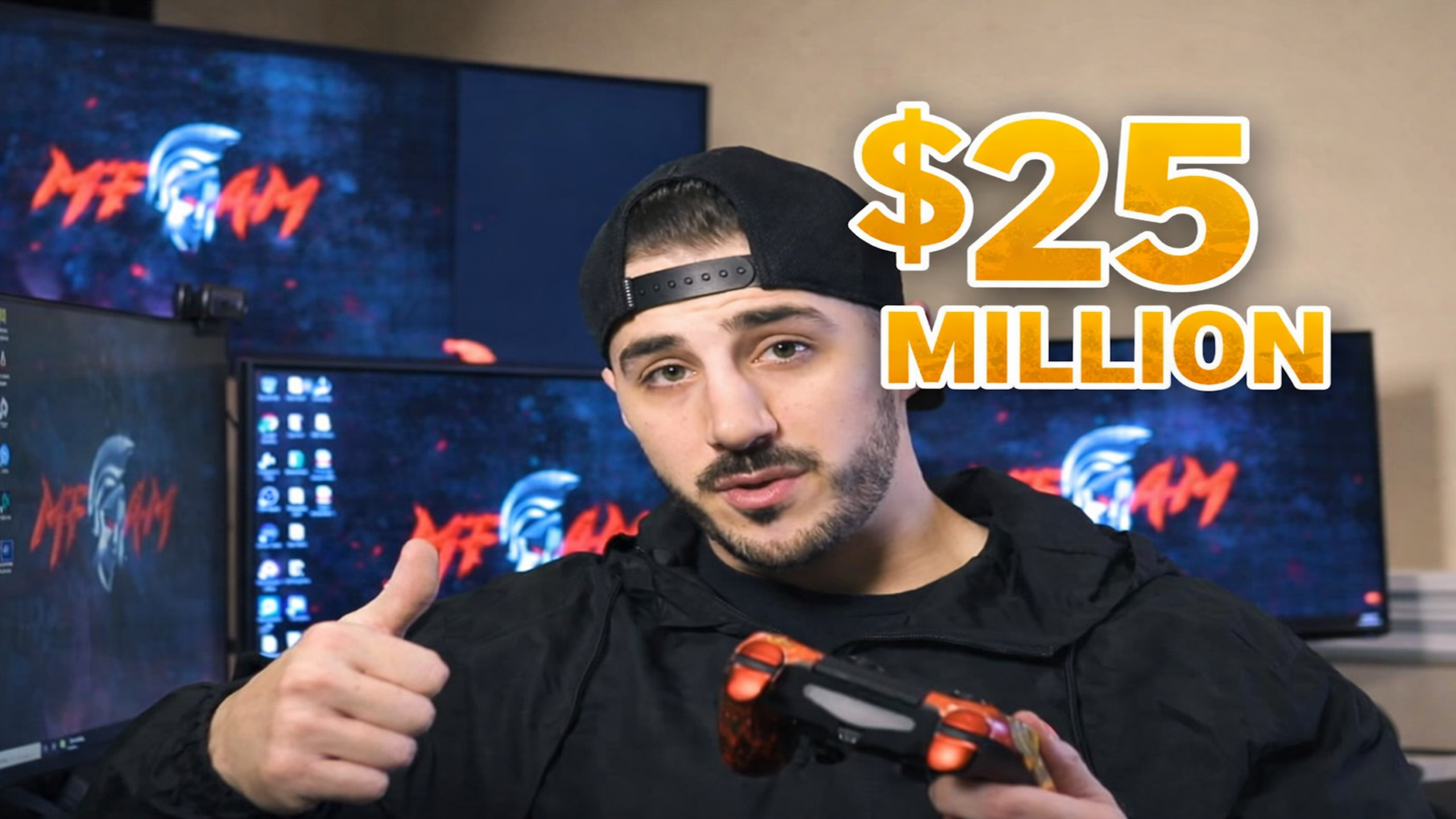 Professional gaming streamer holding controller with $25 million net worth from streaming, esports and online content platforms