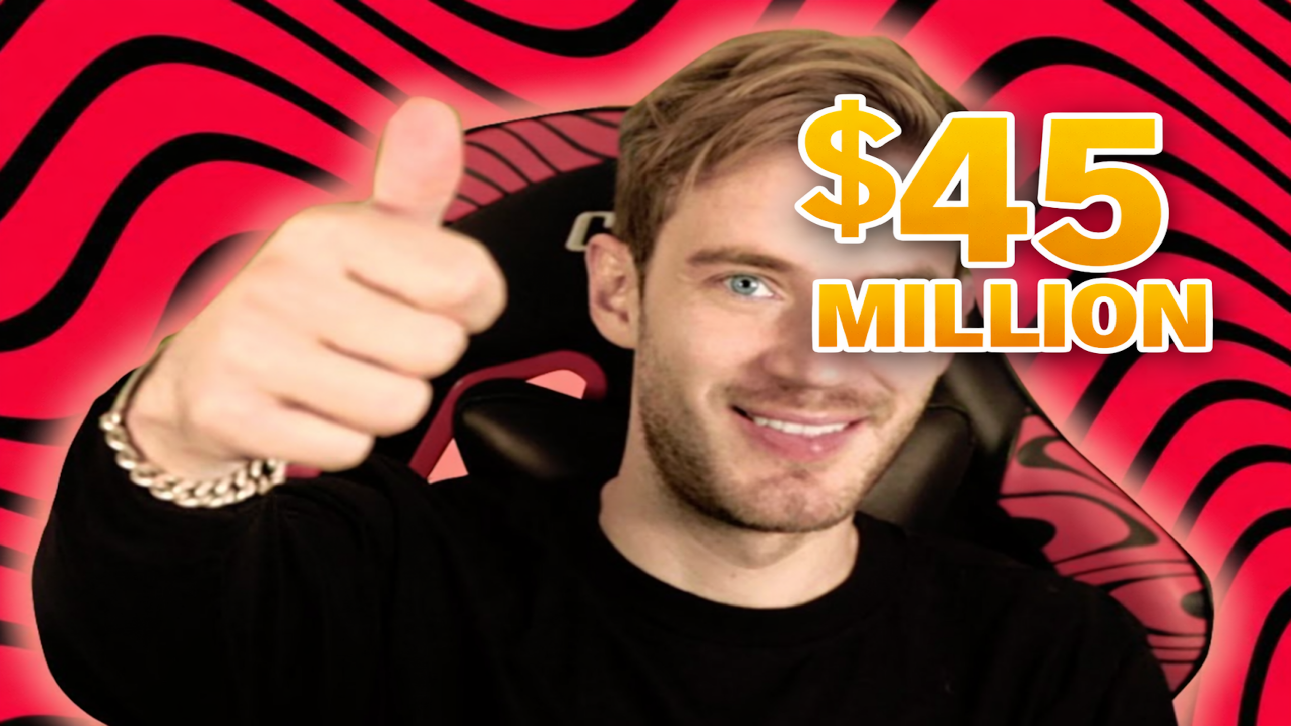 PewDiePie smiling with red background and thumbs up highlighting $45 million net worth from YouTube gaming empire and content creation


