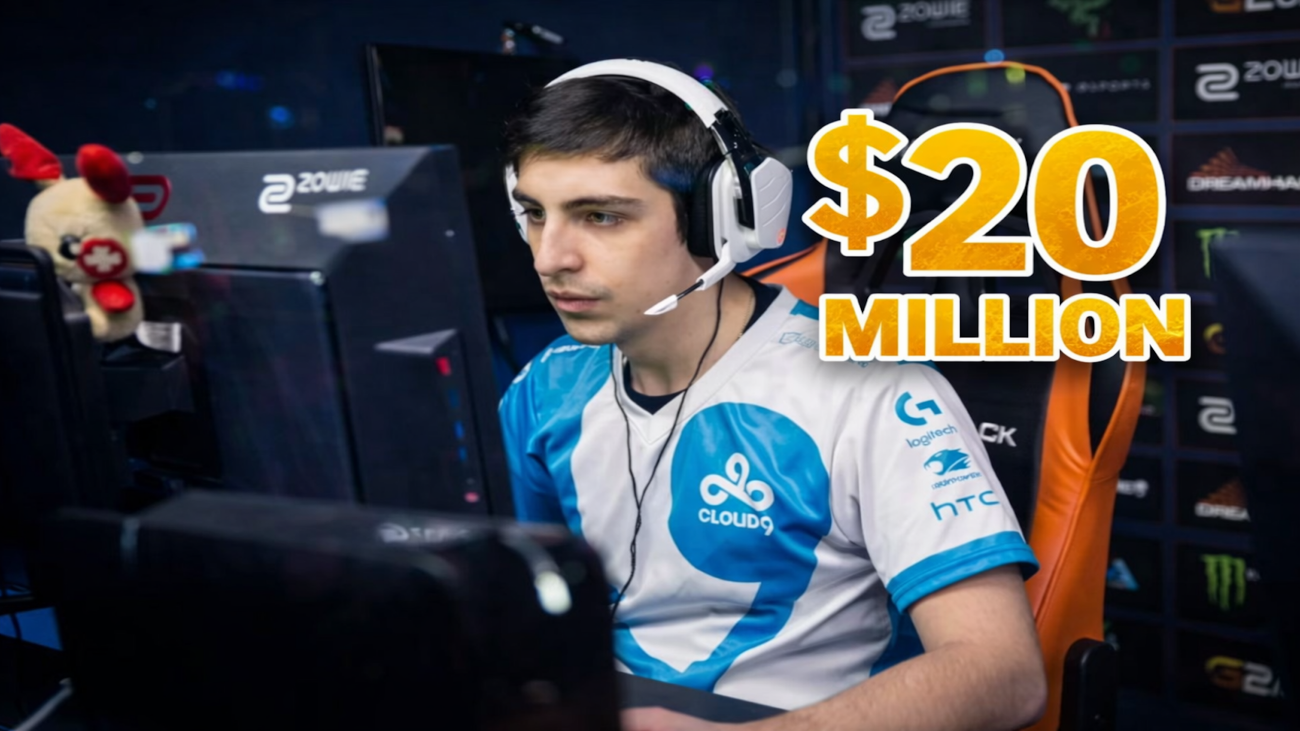 Cloud9 esports player competing on PC with headset showing $20 million earnings from tournaments, sponsorships and pro gaming career

