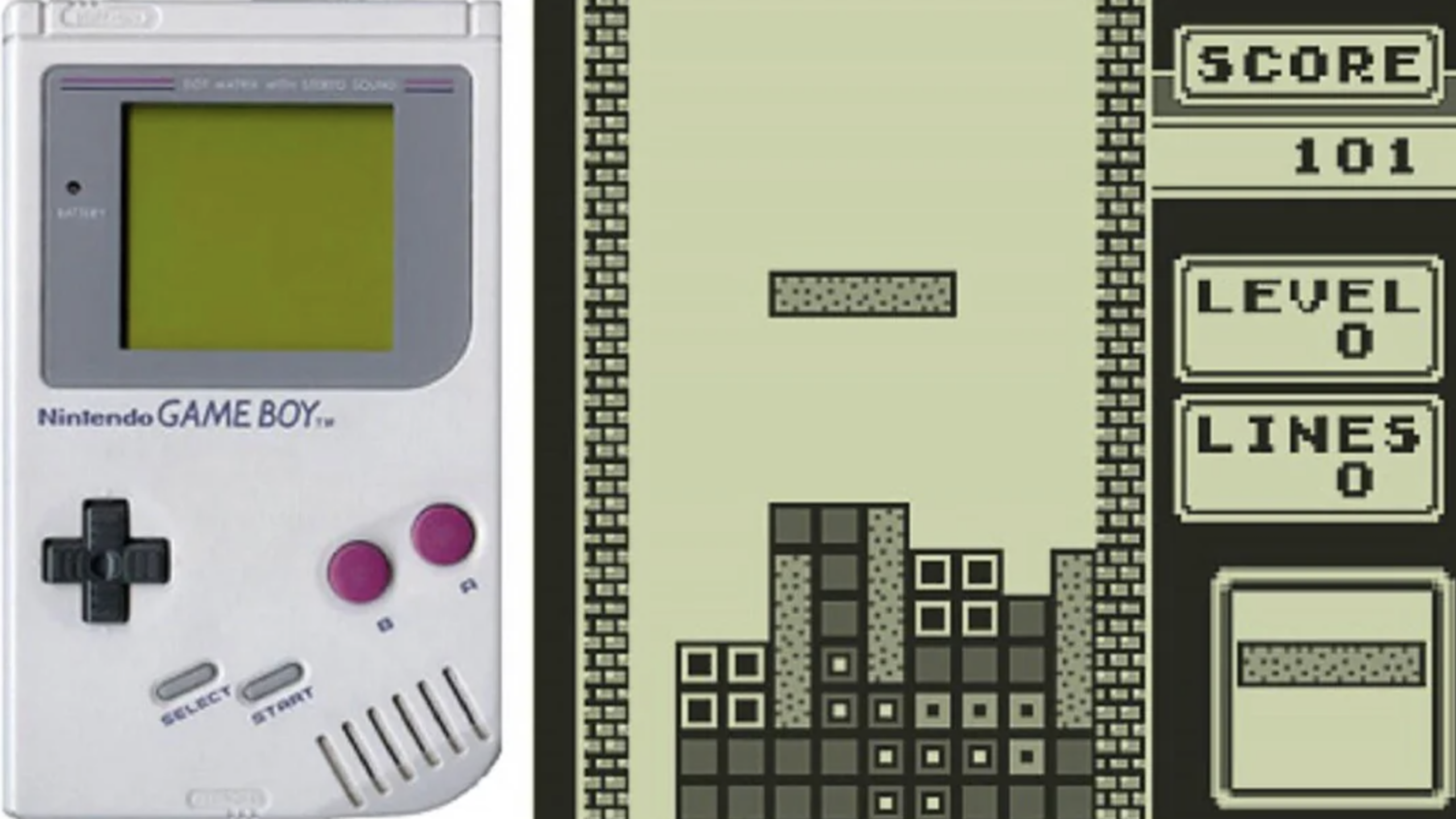 8 Game Boy console running Tetris on iconic green screen display