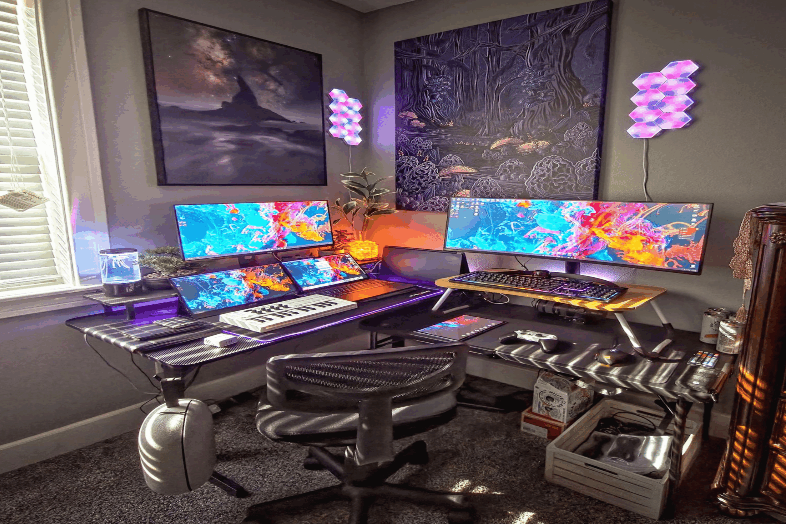 gaming rooms multi device setup rgb panels colorful monitors workspace