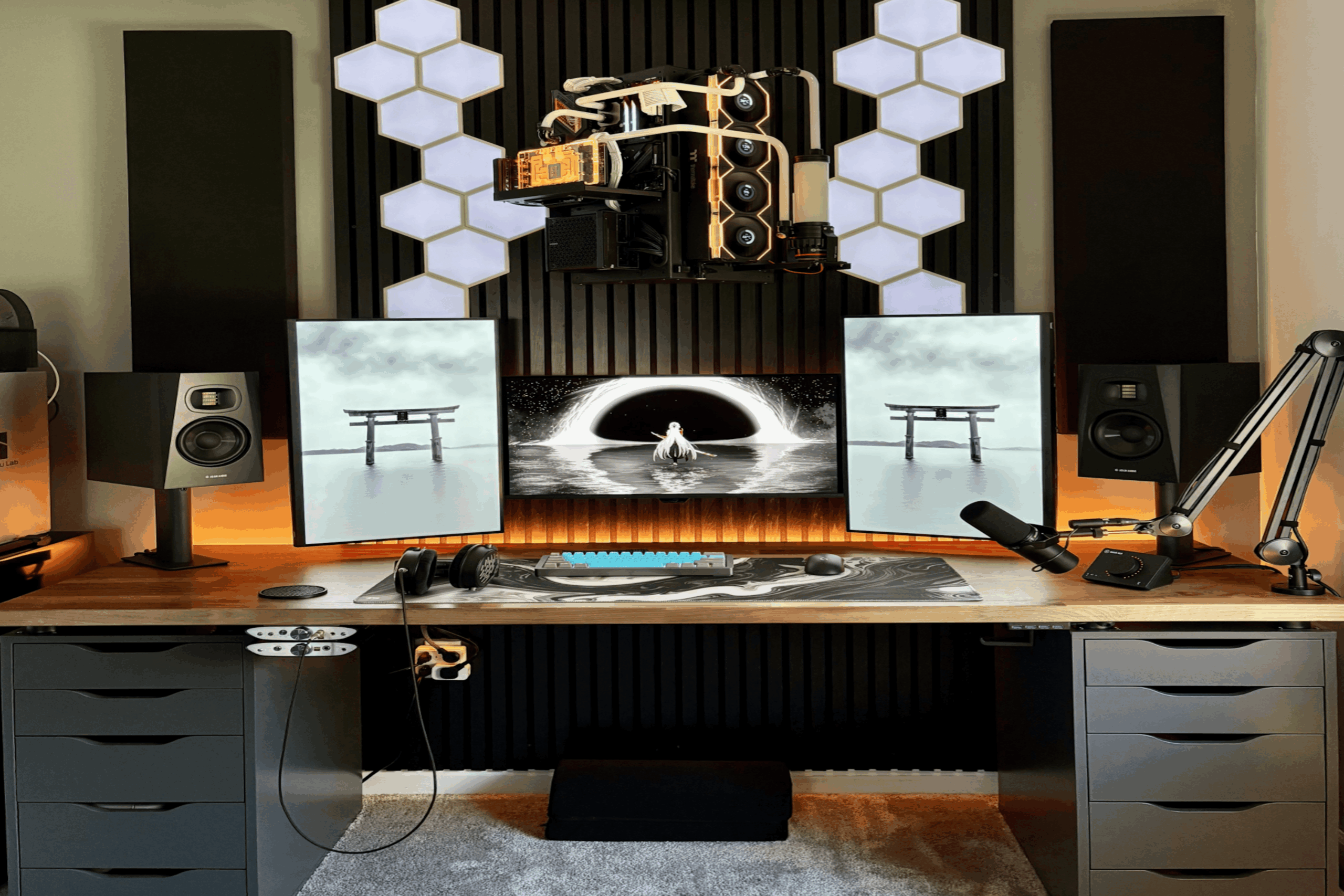 gaming rooms white setup triple monitor led panels clean aesthetic