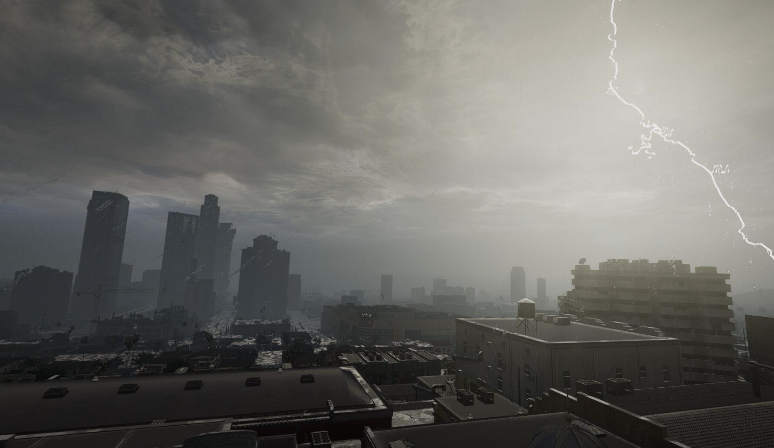 GTA VI dynamic weather system with heavy storm affecting gameplay and visibility