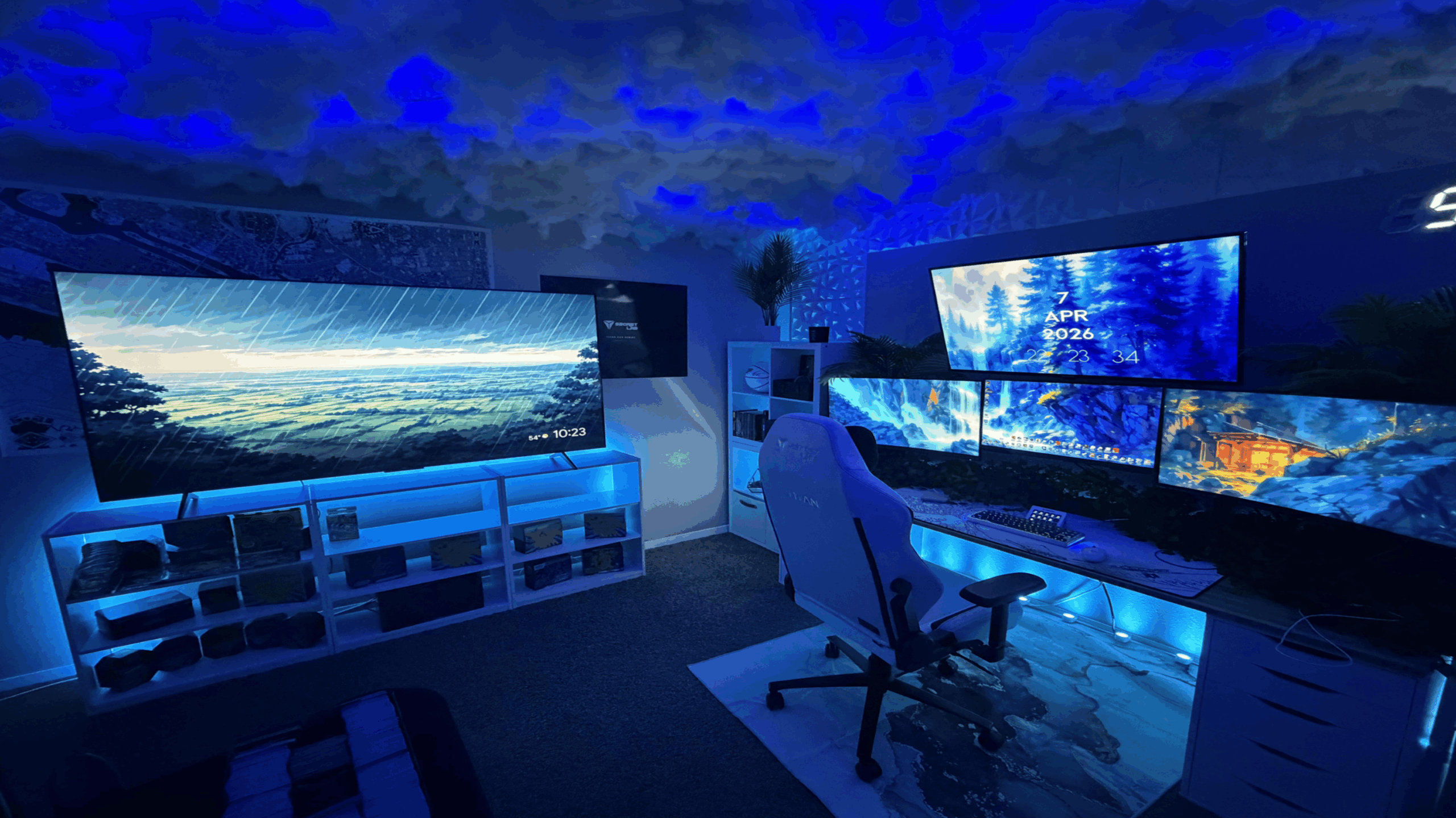 gaming rooms multi monitor setup rgb cloud ceiling immersive environment