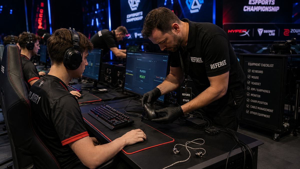 Esports Referee Checks Player Setups Before the Match Starts
