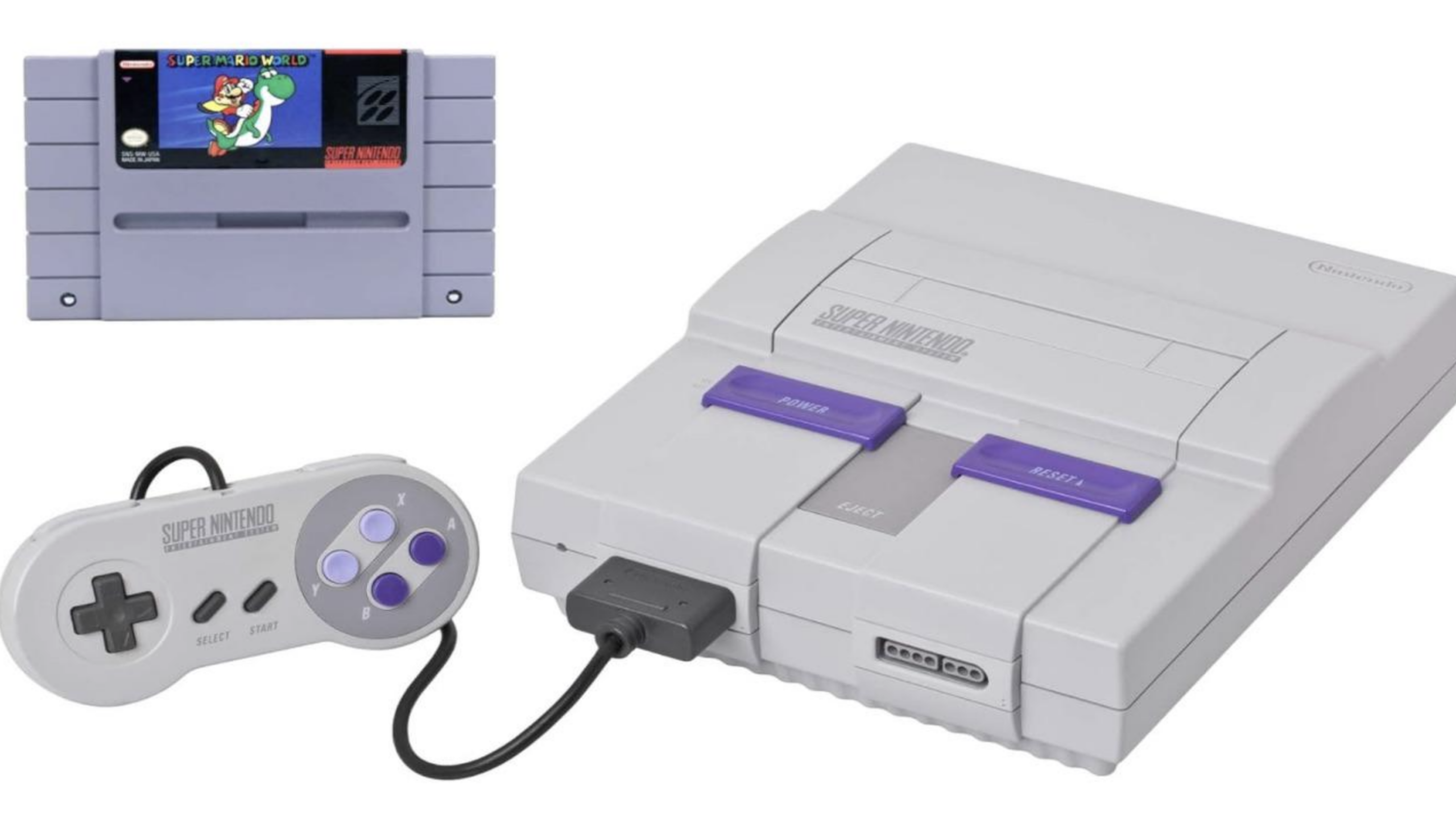 A classic Super Nintendo console with a controller plugged in, and a Super Mario World game cartridge shown separately above—perfect for fans of vintage consoles.