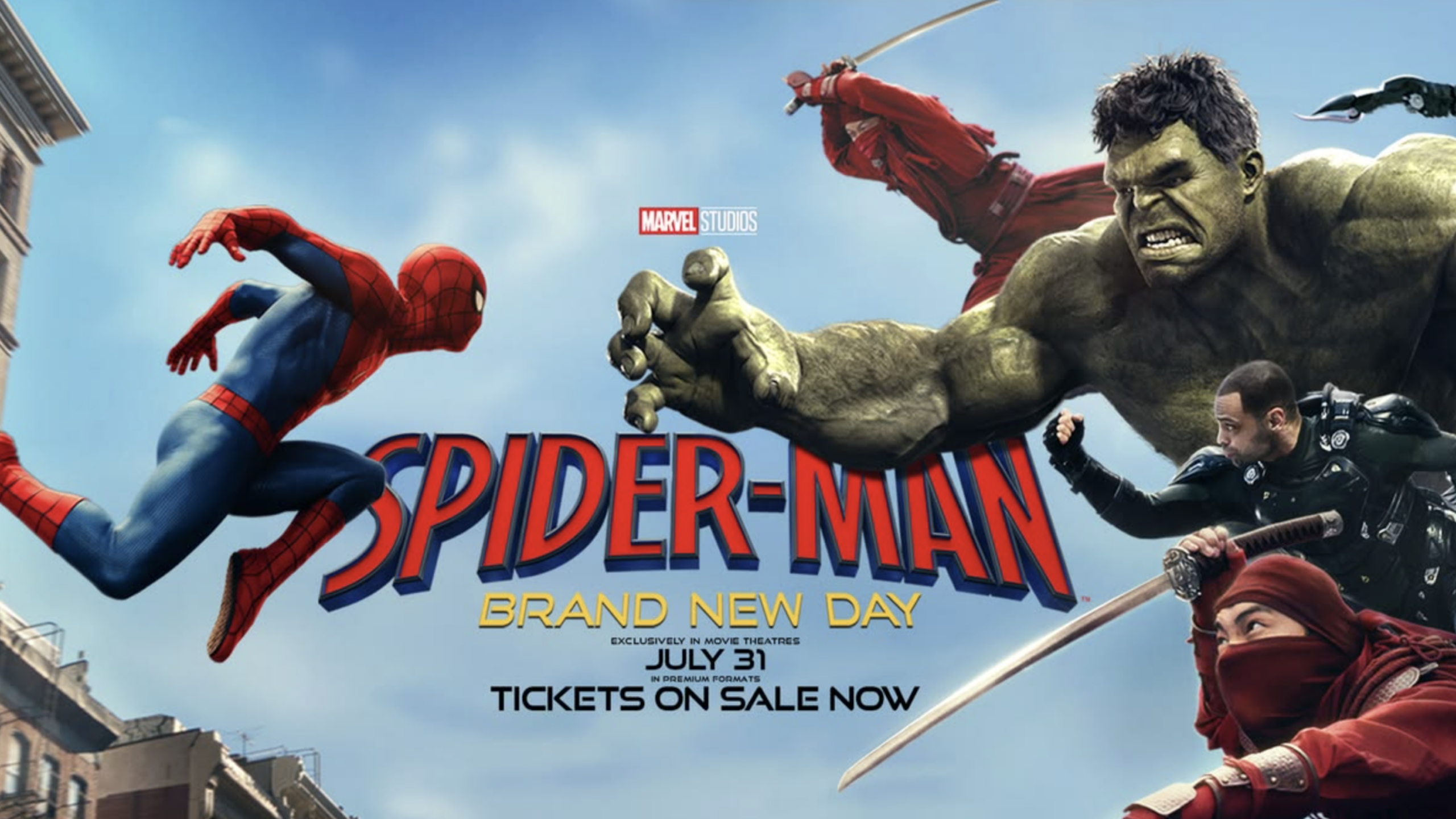 Spider-Man swings through a city, facing the Hulk and several armed figures. The text reads: "Spider-Man: Brand New Day. July 31. Tickets on sale now." Experience Spider-Man like never before as he battles powerful foes in this thrilling new adventure.