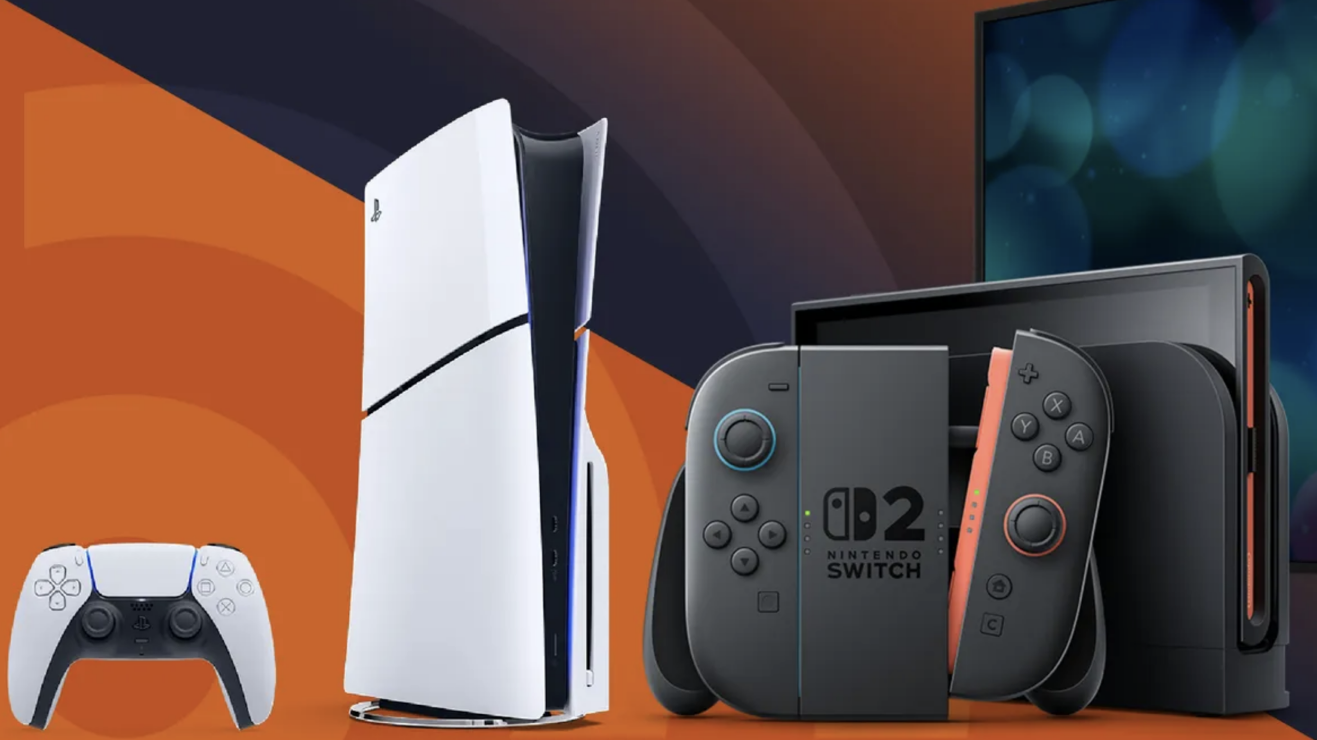 A pair of sleek consoles—a PlayStation 5 with controller and a Nintendo Switch console with Joy-Con controllers and dock—are displayed in front of a TV screen on an orange and dark blue background.