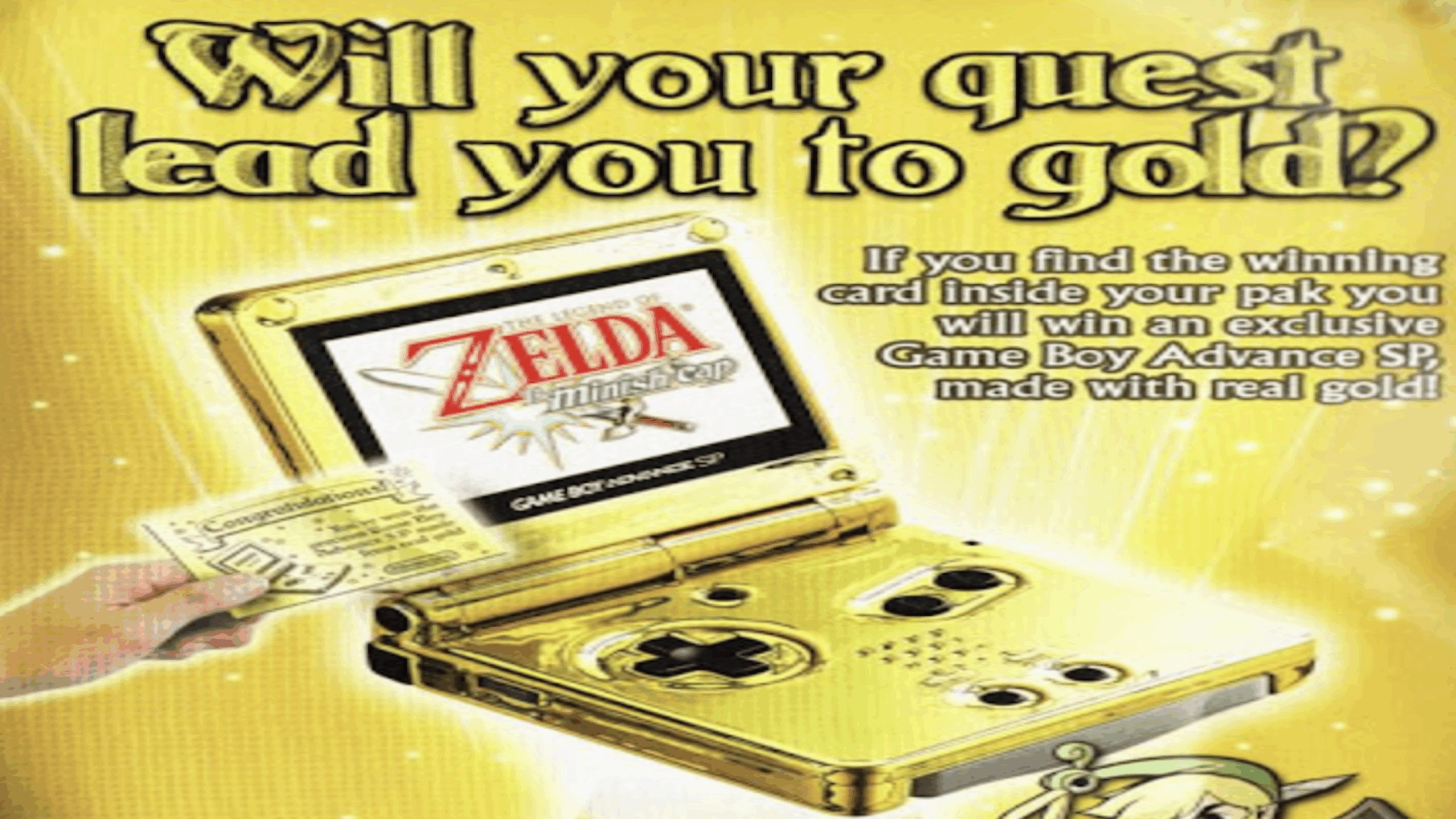 Promotional image showcasing a gold Game Boy Advance SP, one of the most iconic gaming consoles, with The Legend of Zelda: The Minish Cap on screen and text about winning a real gold console.