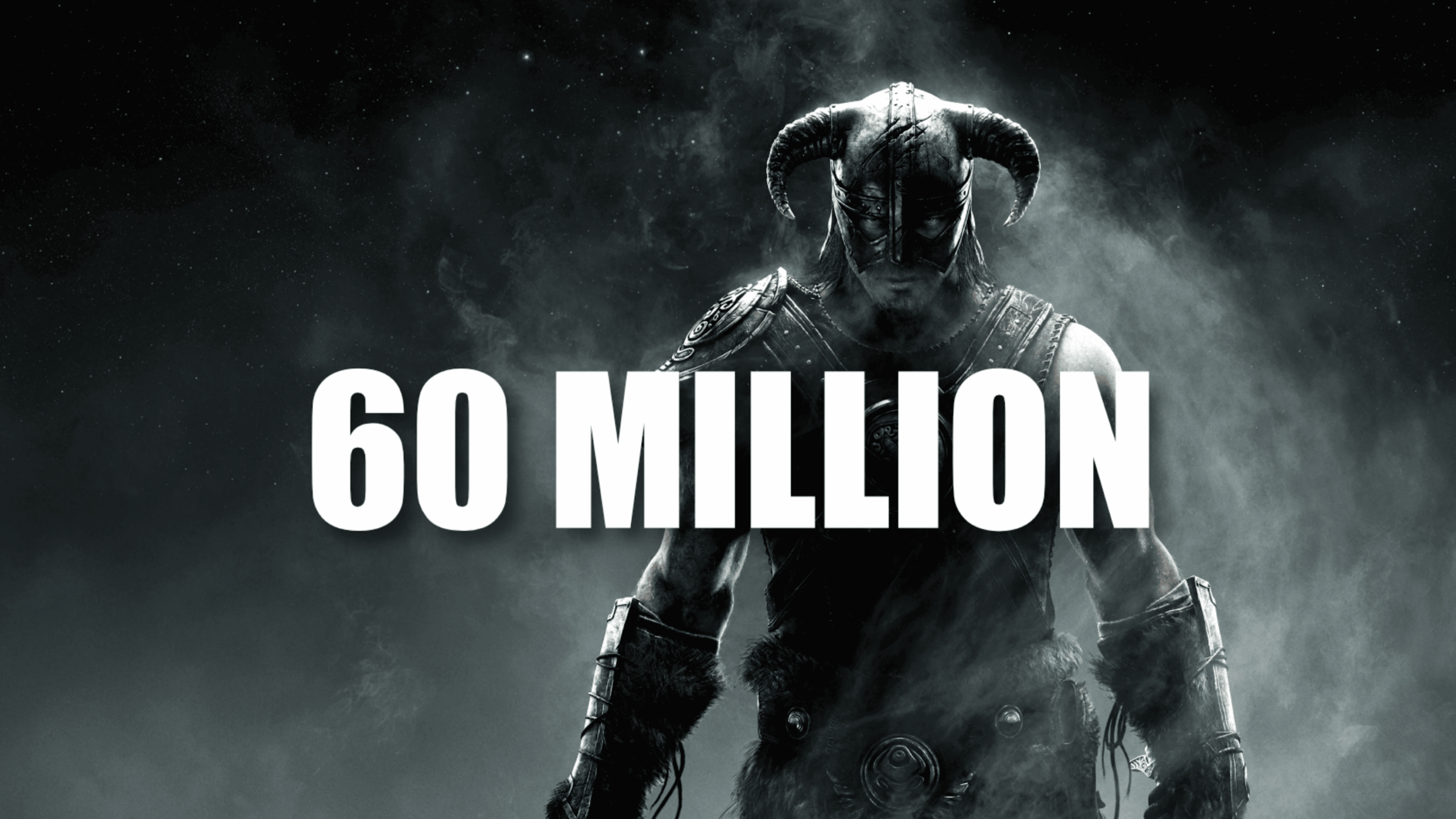 A character in horned armor stands in smoky darkness, evoking the epic atmosphere of Video Games, with “60 MILLION” in bold white text overlaid at the center.