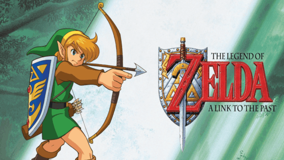 An elf-like character in green aims a bow and arrow. To the right, a shield and sword are behind the red text: &ldquo;The Legend of Zelda: A Link to the Past.&rdquo; A green patterned background completes this vibrant tribute to classic Zelda games.