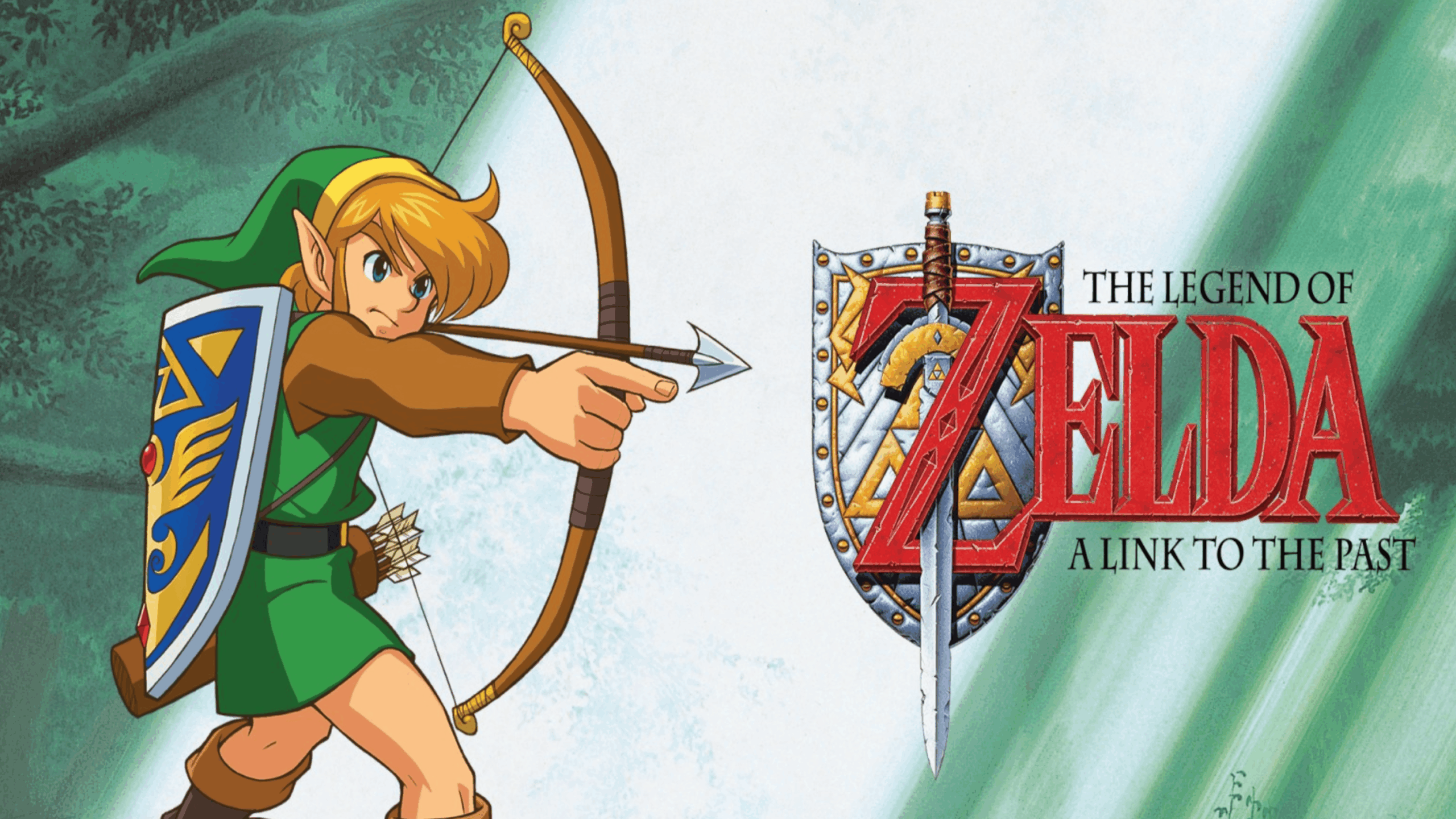 An elf-like character in green aims a bow and arrow. To the right, a shield and sword are behind the red text: “The Legend of Zelda: A Link to the Past.” A green patterned background completes this vibrant tribute to classic Zelda games.