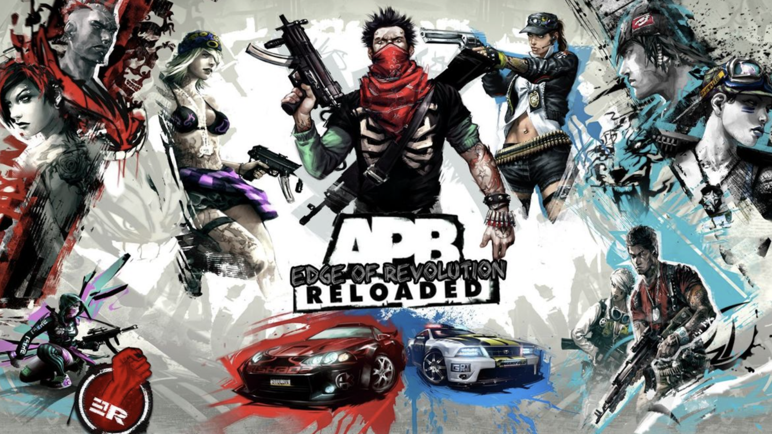 Promotional art for the video game APB Reloaded—one of the most talked-about expensive games—features diverse armed characters, a red and a white sports car, and the game logo over a stylized, distressed background with blue and red paint splatters.