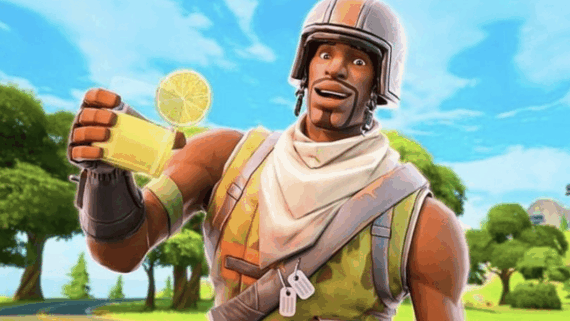 A Fortnite character, styled like one of the iconic Fortnite Skins, wears a helmet and scarf while smiling and holding a glass of lemonade with a slice of lemon. The background captures a bright, sunny outdoor scene with trees and blue sky.