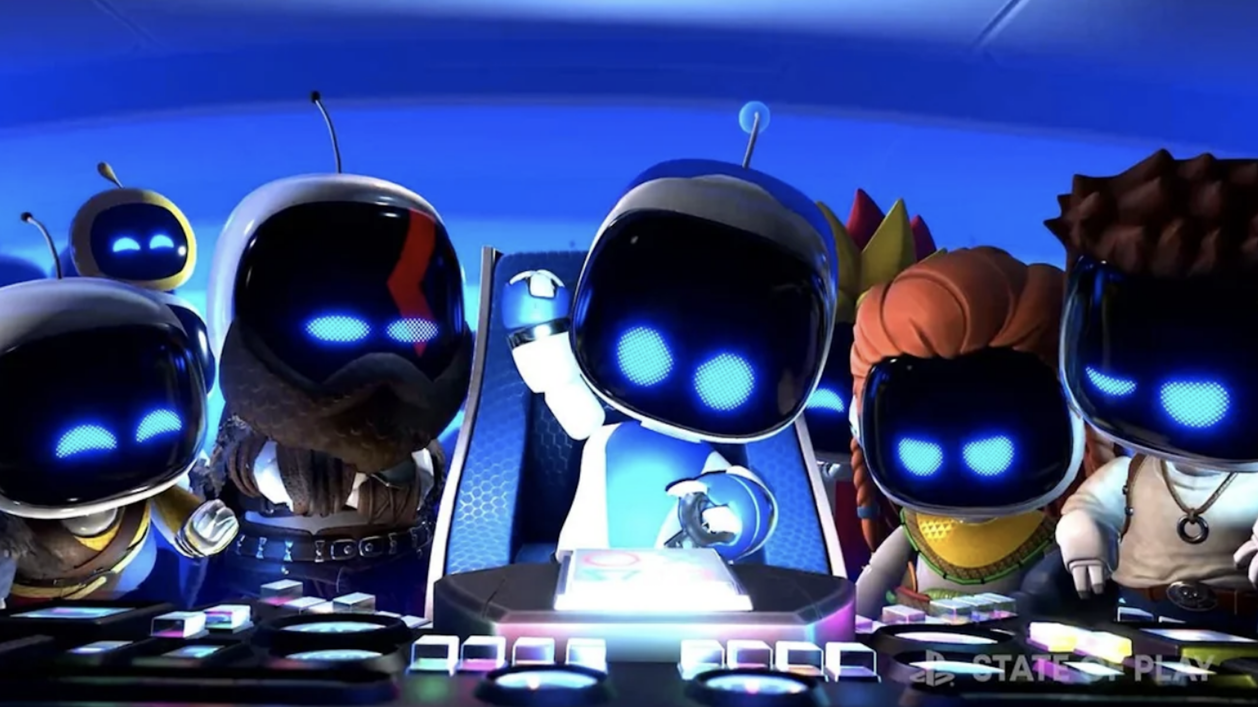 A group of small, blue-eyed robot characters gathers around a console with glowing buttons in a futuristic, colorful setting, eagerly preparing to play exciting physical games together.