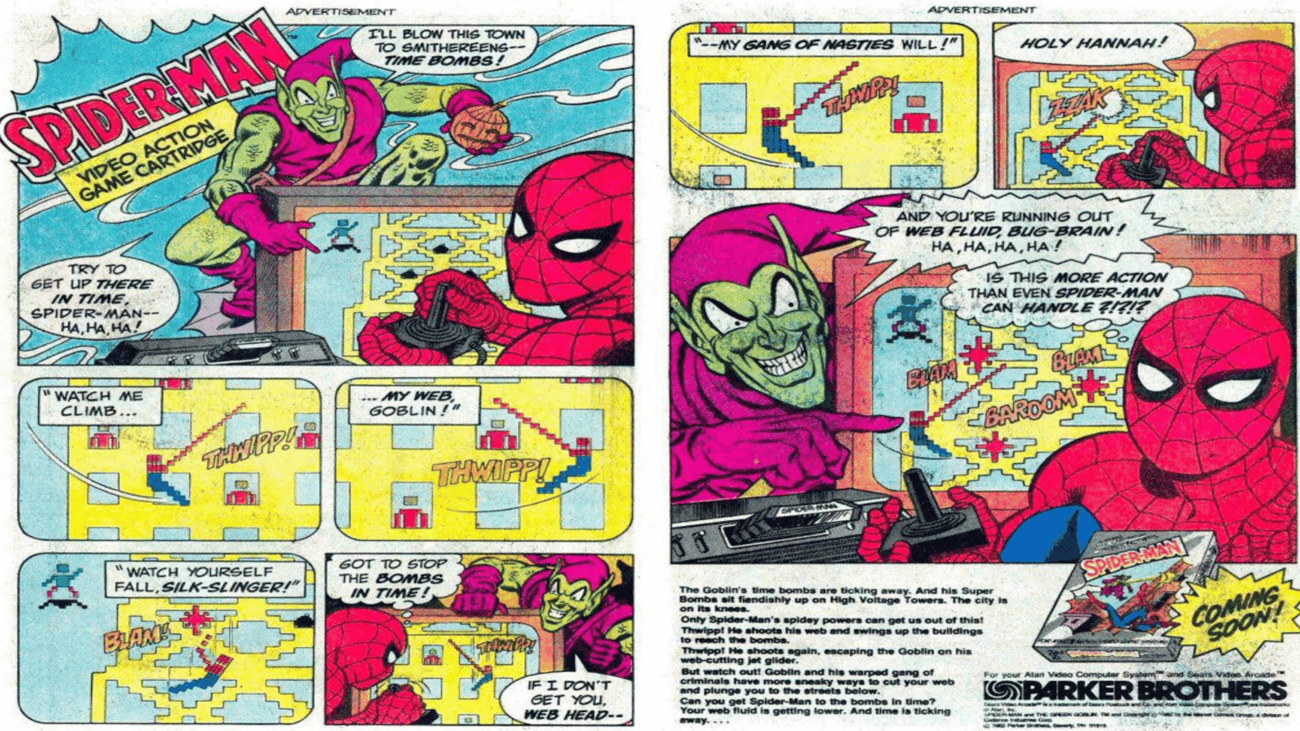 Comic ad: Spider-Man leaps into action, battling the Green Goblin in a thrilling video game showdown. They face off on city rooftops, dodging bombs and climbing webs as Spider-Man puts his acrobatic skills to the test. Game screenshots and box art capture the excitement, with the Parker Brothers logo and game info appearing at the bottom.