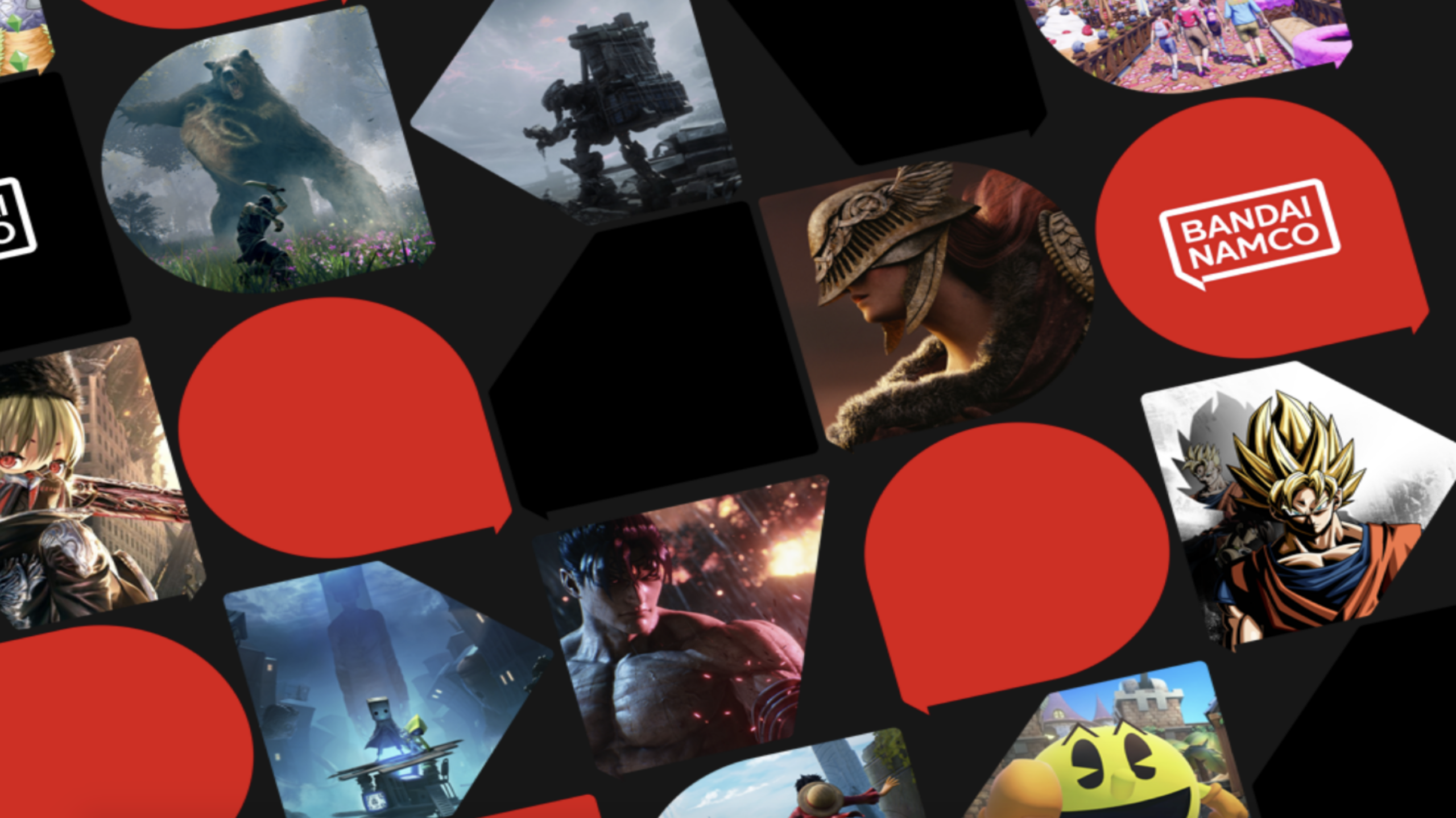A collage of video game images and logos, including anime and fantasy characters, robots, a Pac-Man symbol, and the Bandai Namco logo, all set against a black background with red speech bubbles highlighting iconic video game moments.