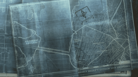 A blue-tinted map from the video game shows Arkham Asylum connected to Gotham City by a bridge, with labeled locations like Steel Plant and Penitentiary. The blueprint is titled "Quincy Sharp's Gotham City Proposal.