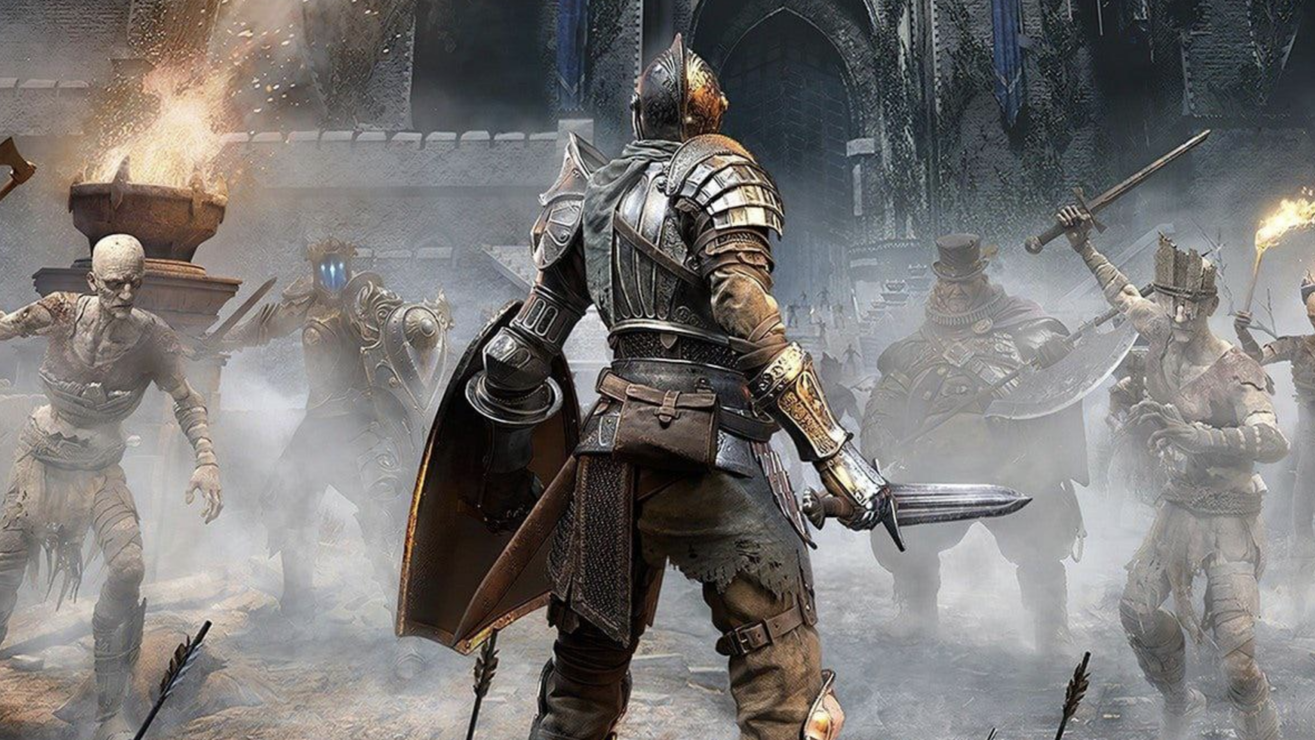 A heavily armored knight stands ready with a sword and shield, surrounded by undead enemies in a dark, foggy, medieval battlefield with torches burning—an epic clash reminiscent of classic Physical Games brought to life.