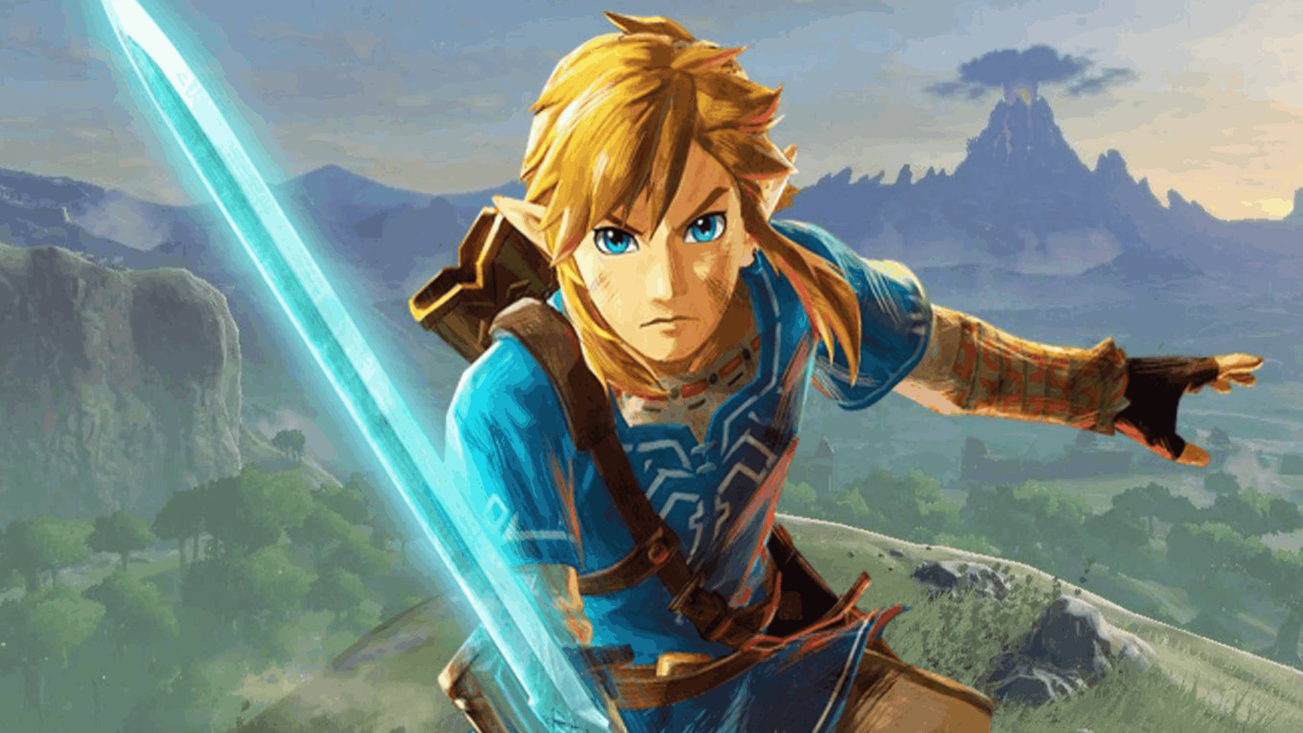 Animated character with blond hair and a blue tunic, reminiscent of heroes from Zelda games, wielding a glowing sword and standing heroically in a grassy landscape with mountains in the background.