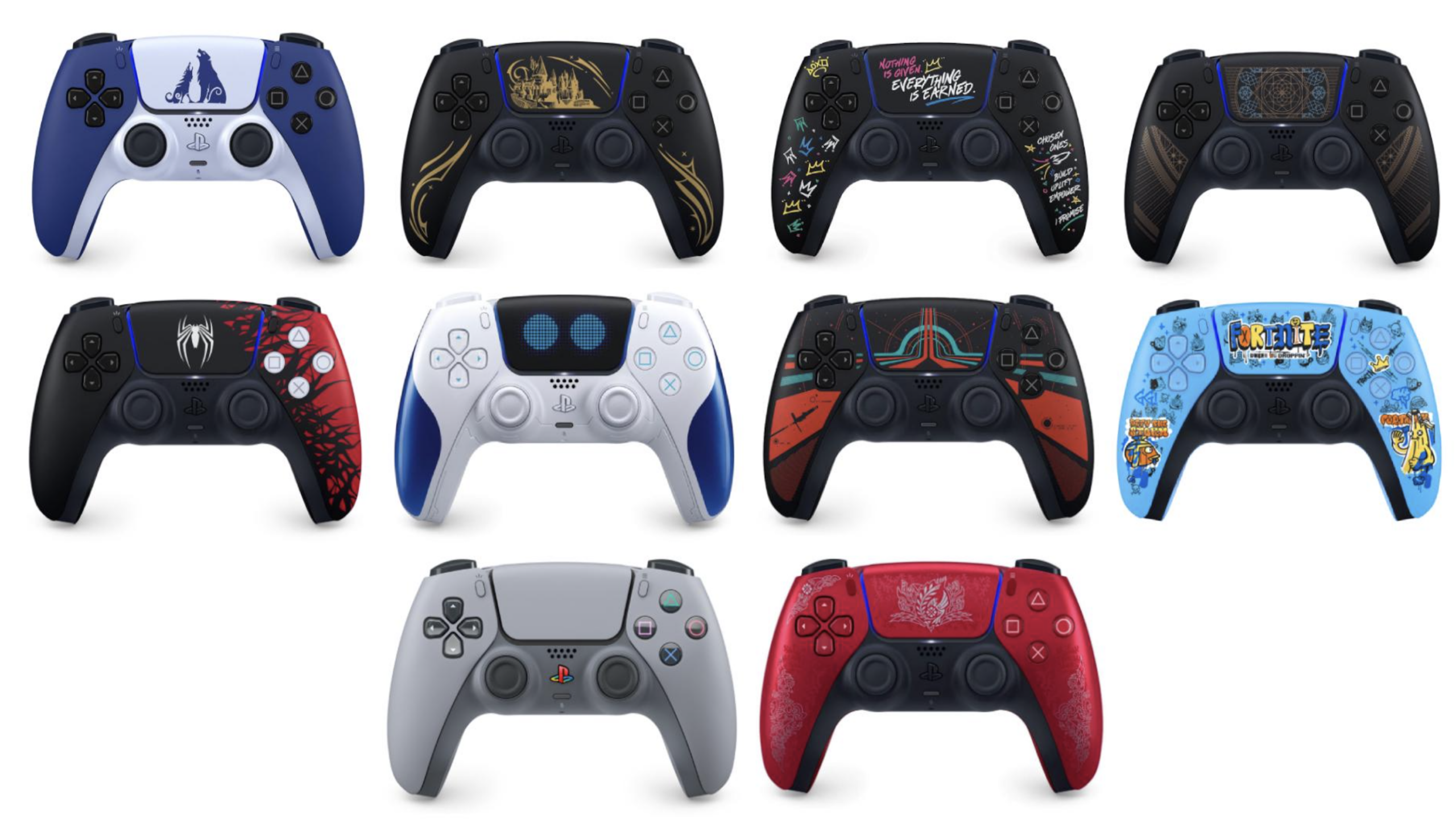 Ten PlayStation controllers are shown in two rows, each with unique themed designs, colors, and artwork from various games—including Spider-Man, God of War, and Ratchet & Clank—making this collection a showcase of expensive gaming accessories for dedicated fans.