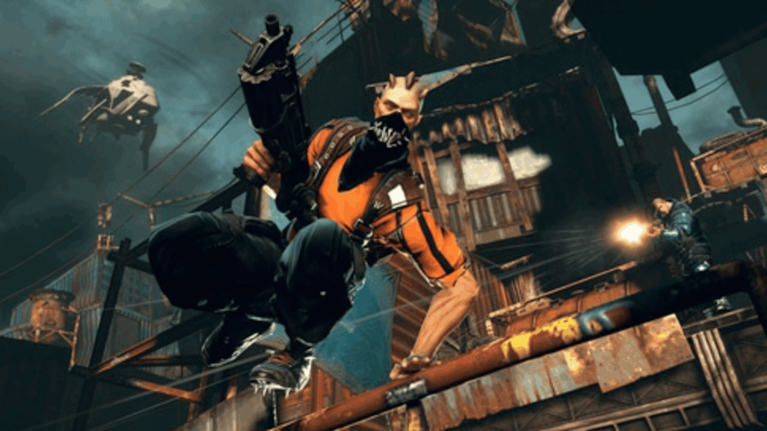A humanoid creature with a goat-like skull mask leaps forward holding a gun, while a figure in the background fires a weapon in an industrial, dystopian environment under a stormy sky—a scene reminiscent of intense moments found in expensive games.
