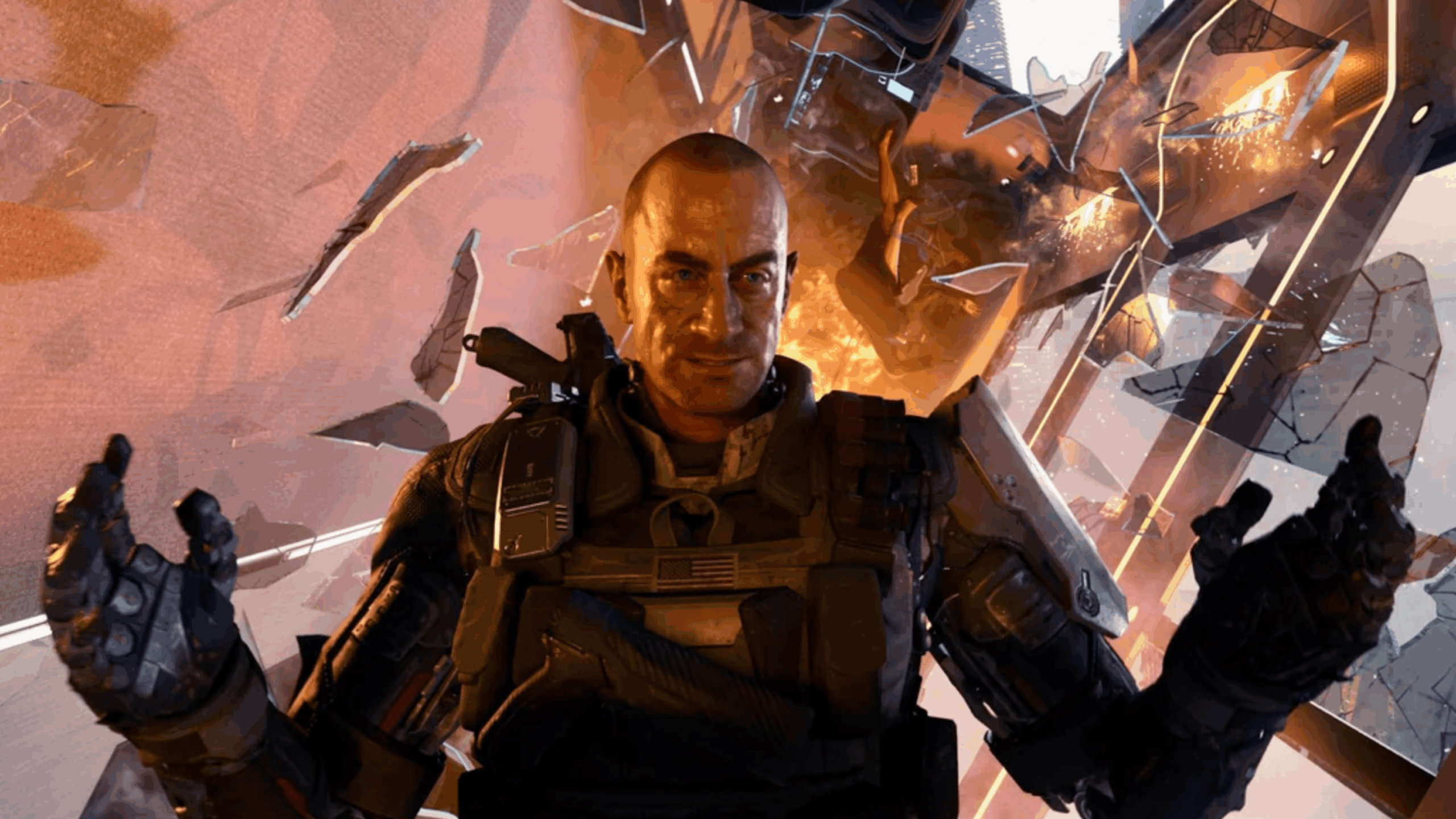 A man in futuristic armor stands confidently with hands raised, as glass shards and fiery debris explode dramatically behind him, evoking the high-octane chaos of GTA VI.