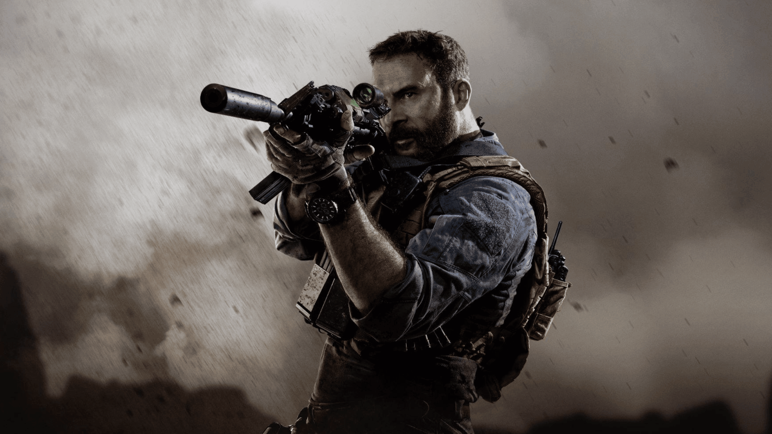 A bearded man in tactical gear aims a rifle with a scope, set against a smoky, dramatic background, evoking the intense atmosphere of a GTA VI military or combat scenario.