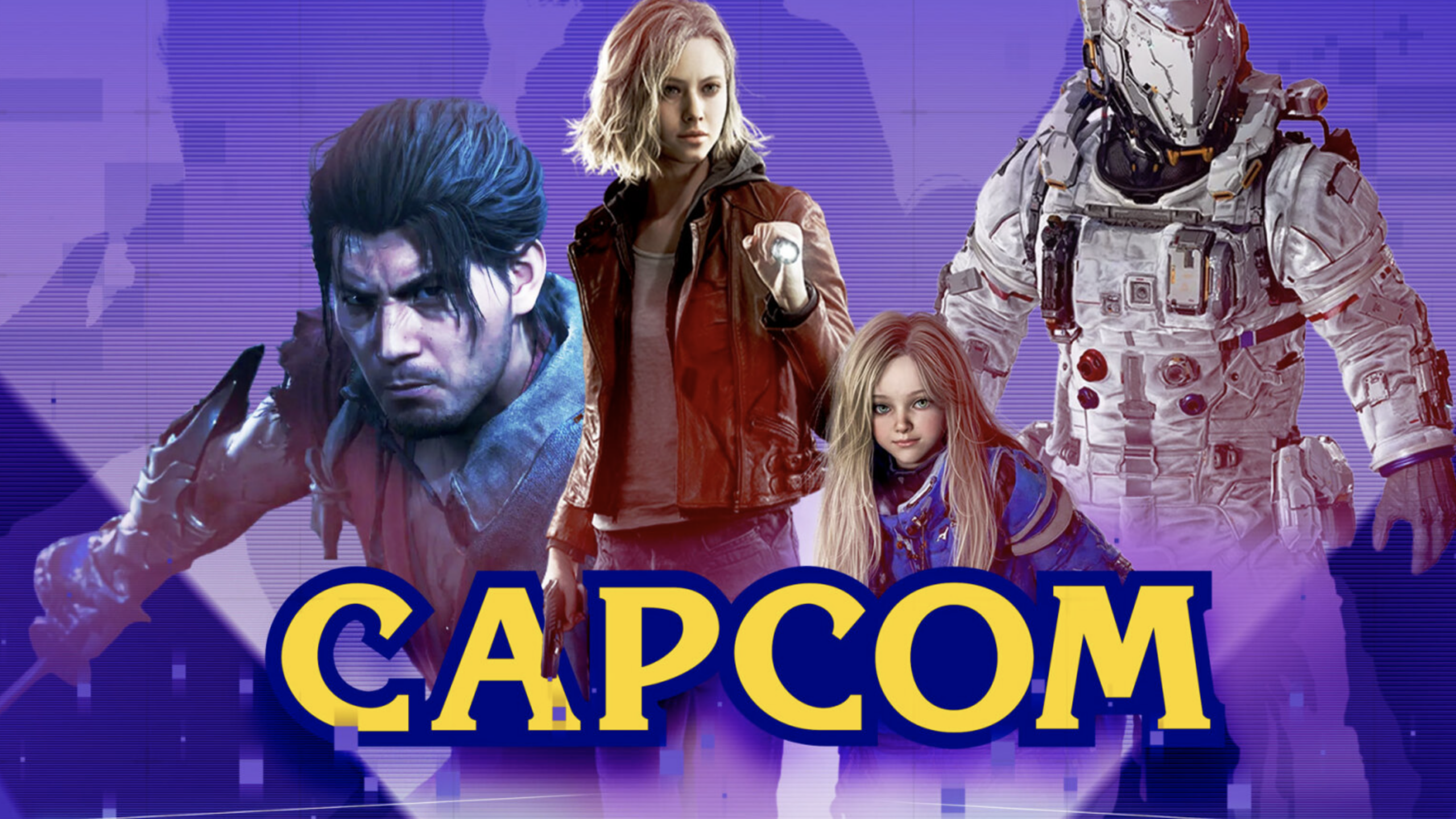 Four iconic video game characters from various genres stand, with "CAPCOM" in bold yellow letters in front of them against a purple digital background.