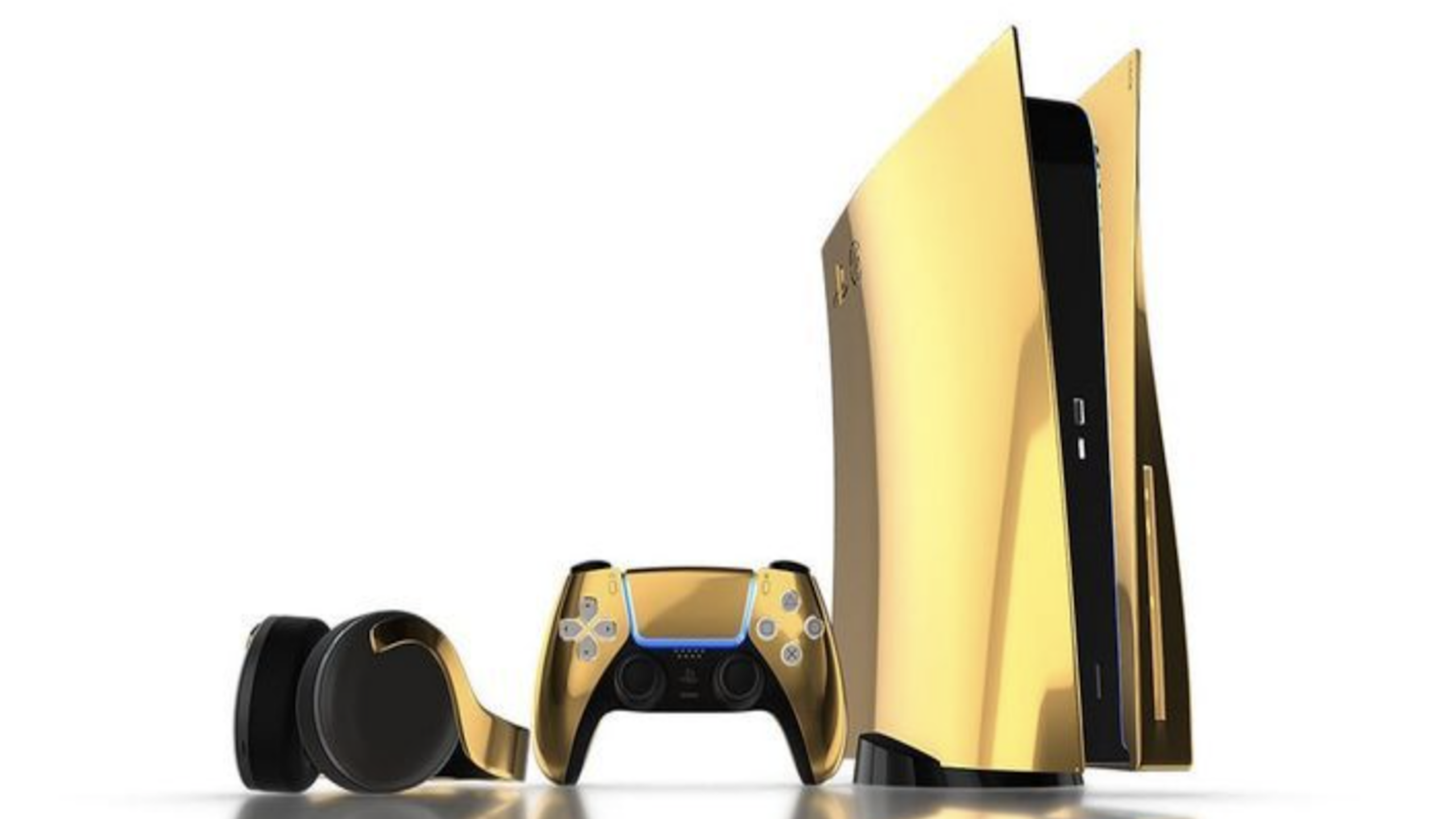 A gold PlayStation 5 console, gold DualSense controller, and black headset are displayed against a white background, embodying the essence of expensive gaming.