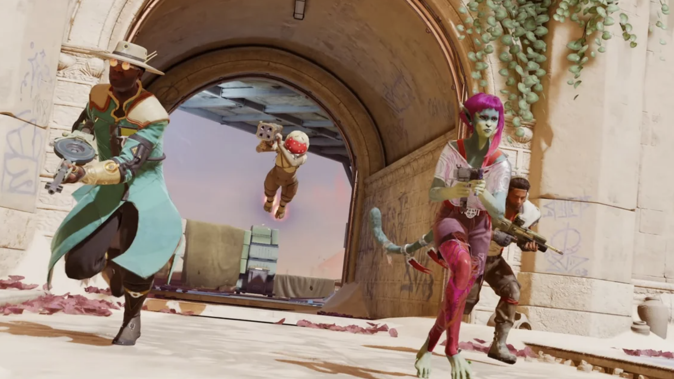 Four colorful, futuristic characters—one flying robot, two humanoids in vibrant costumes, and one green-skinned alien—run and leap under an ancient stone archway in a sunlit, desert-like setting, capturing the thrilling energy found in today’s most expensive games.