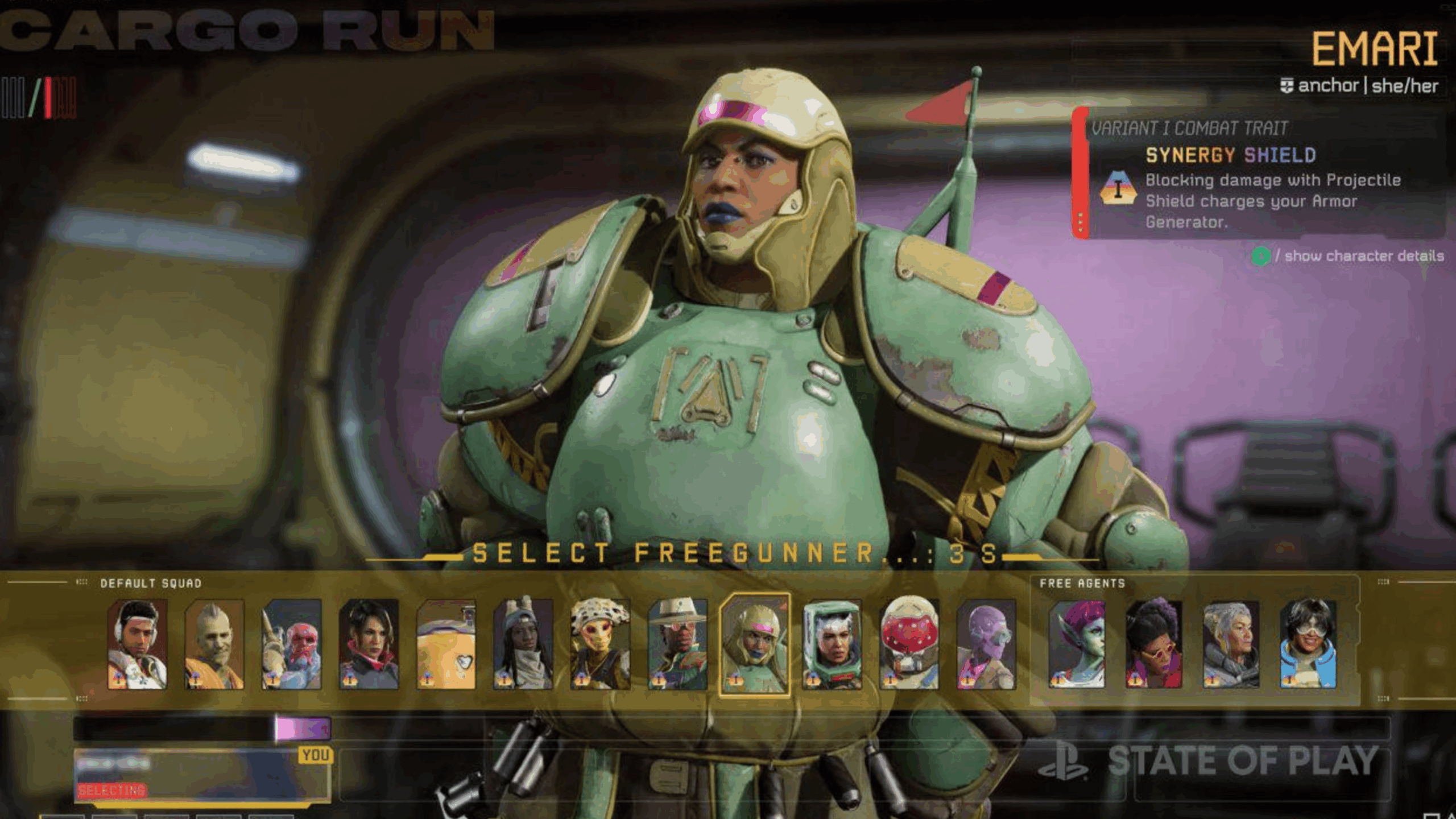 A character selection screen from a game, reminiscent of GTA VI's sleek interface, shows Emari, a heavily armored figure, as the highlighted choice. Several other characters are displayed in a horizontal row at the bottom.