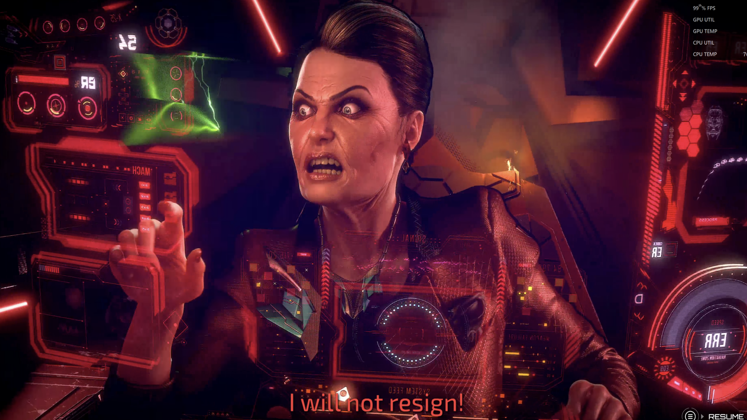 A woman with an intense expression sits in a futuristic control room, surrounded by glowing red displays and holograms reminiscent of the high-stakes strategies found in expensive games. She raises her hand assertively, and the subtitle at the bottom reads, "I will not resign!