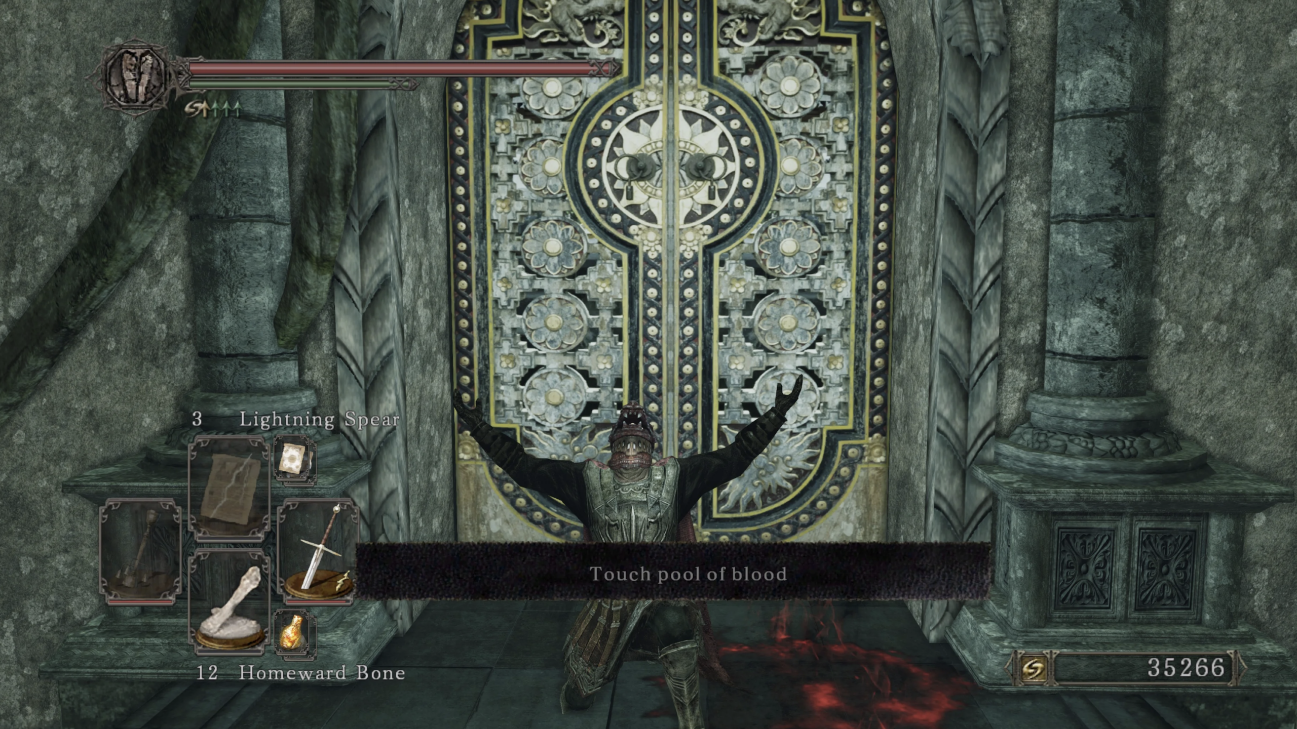 A character in armor stands with arms raised before an ornate, circular-patterned door in a stone hallway. The video game HUD displays inventory, souls count, and the message: "Touch pool of blood" at the bottom of the screen.