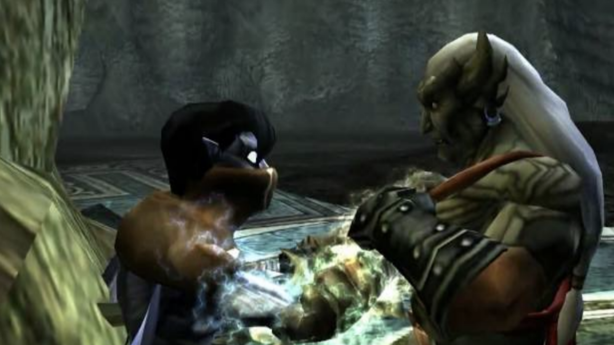 A blue-skinned character with glowing eyes grabs the glowing hand of a muscular, armored creature with gray skin and long white hair in a dark, stone chamber—evoking the intense cinematic style found in many Expensive Games.