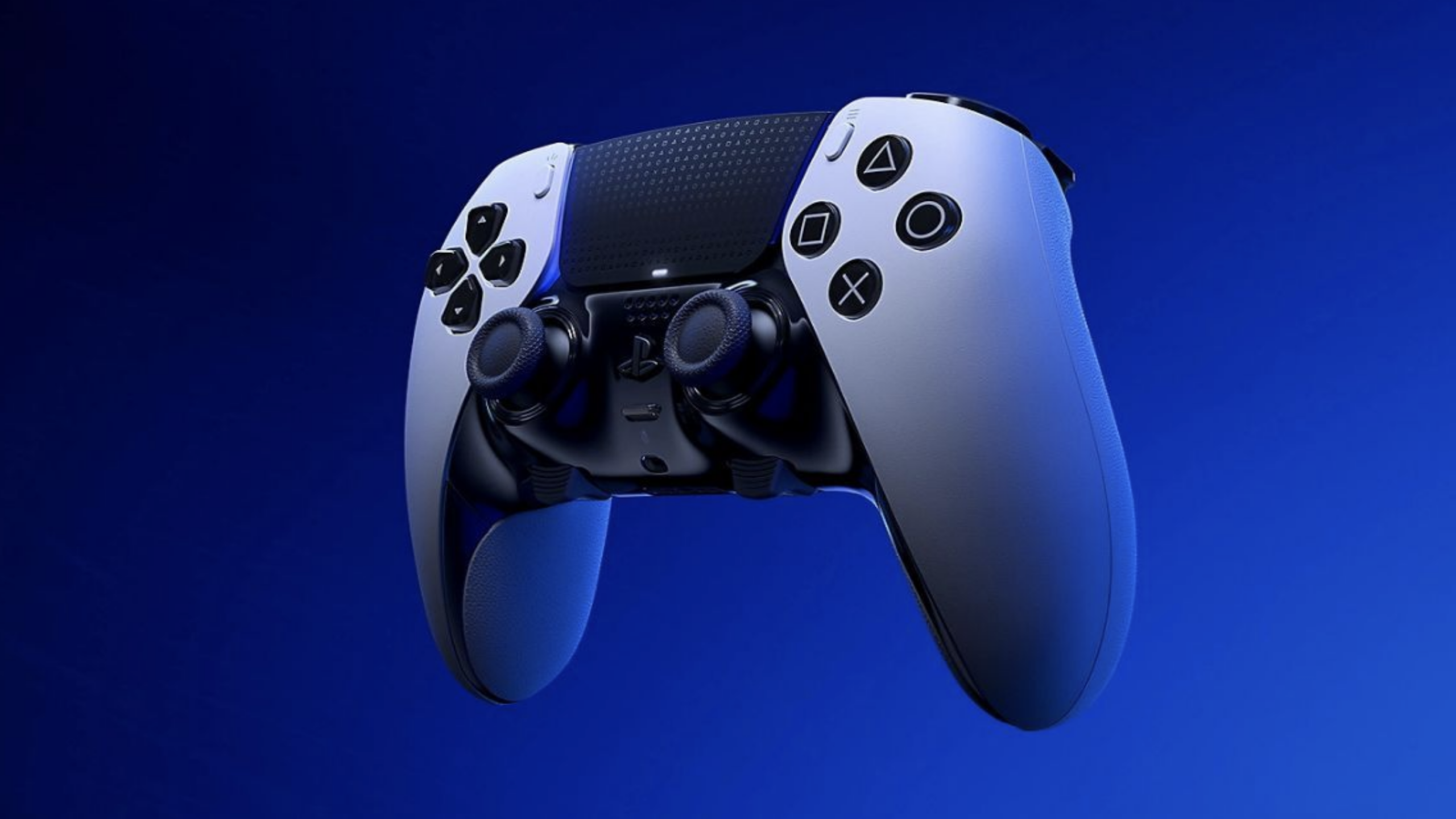 A PlayStation 5 DualSense wireless controller is shown against a blue gradient background, highlighting its buttons, joysticks, and adaptive triggers—capturing the premium look synonymous with expensive gaming.
