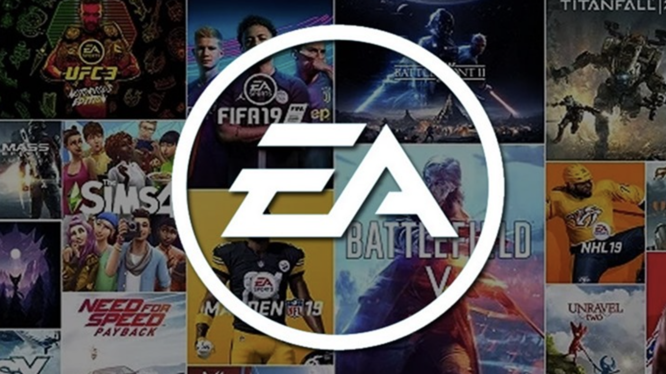 Large white EA logo centered over a vibrant collage of various video game covers, including FIFA 19, Battlefield V, The Sims 4, NHL 19, and Need for Speed Payback.