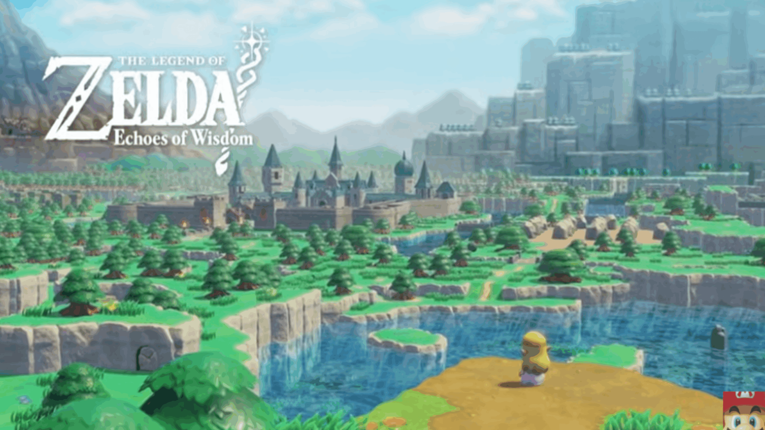 A colorful, animated landscape from “The Legend of Zelda: Echoes of Wisdom” showcases a vibrant castle, lush forests, sparkling lakes, and towering cliffs. Zelda stands on a grassy ledge overlooking the breathtaking scene—a perfect example of the enchanting worlds found in Zelda games. The game title appears in the top left corner.