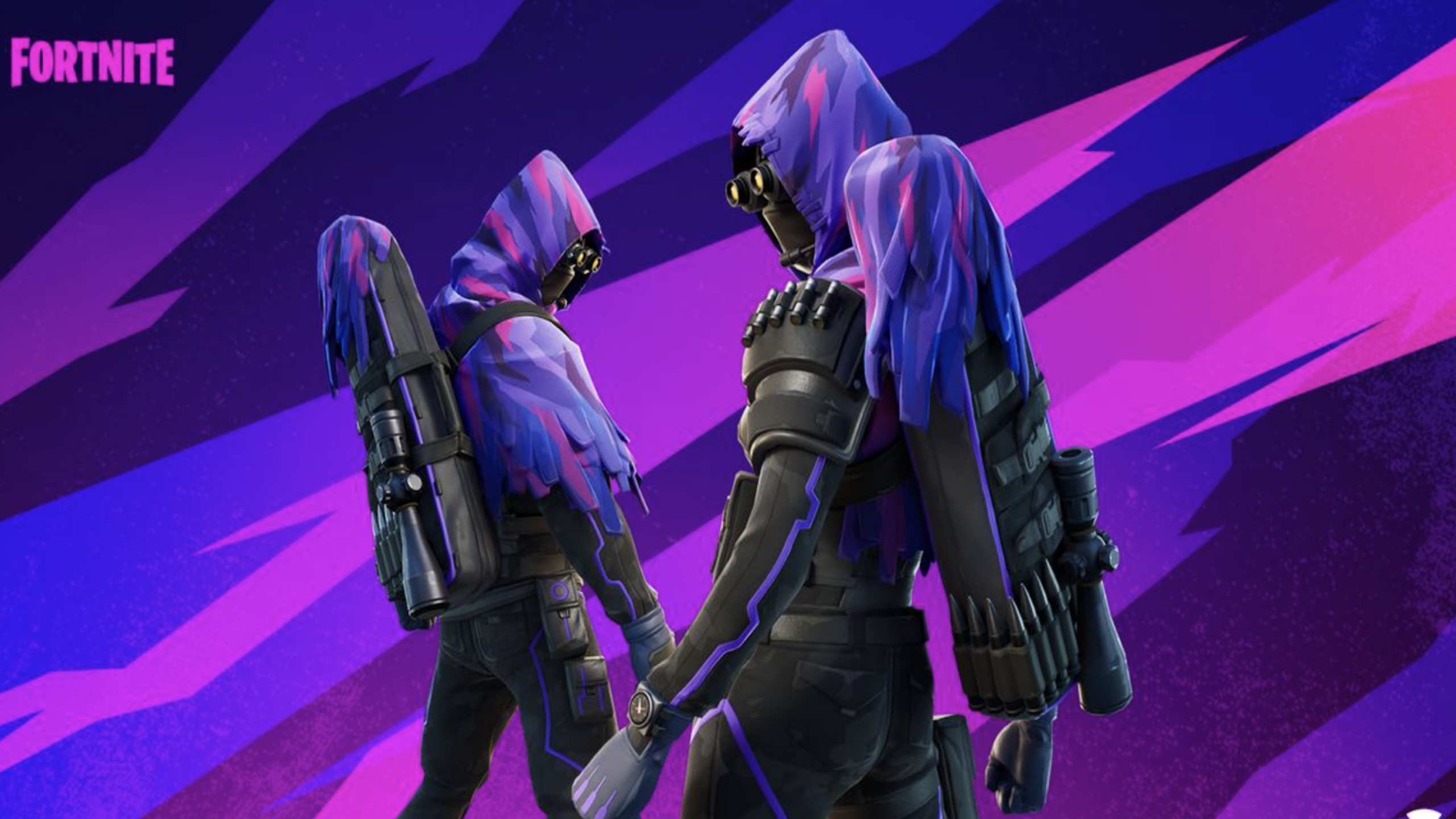 Two Fortnite characters in purple and blue hooded outfits with gas masks and tanks on their backs stand against a vibrant, abstract purple background with the Fortnite logo in the top left corner, showcasing some of the most striking new Fortnite Skins.