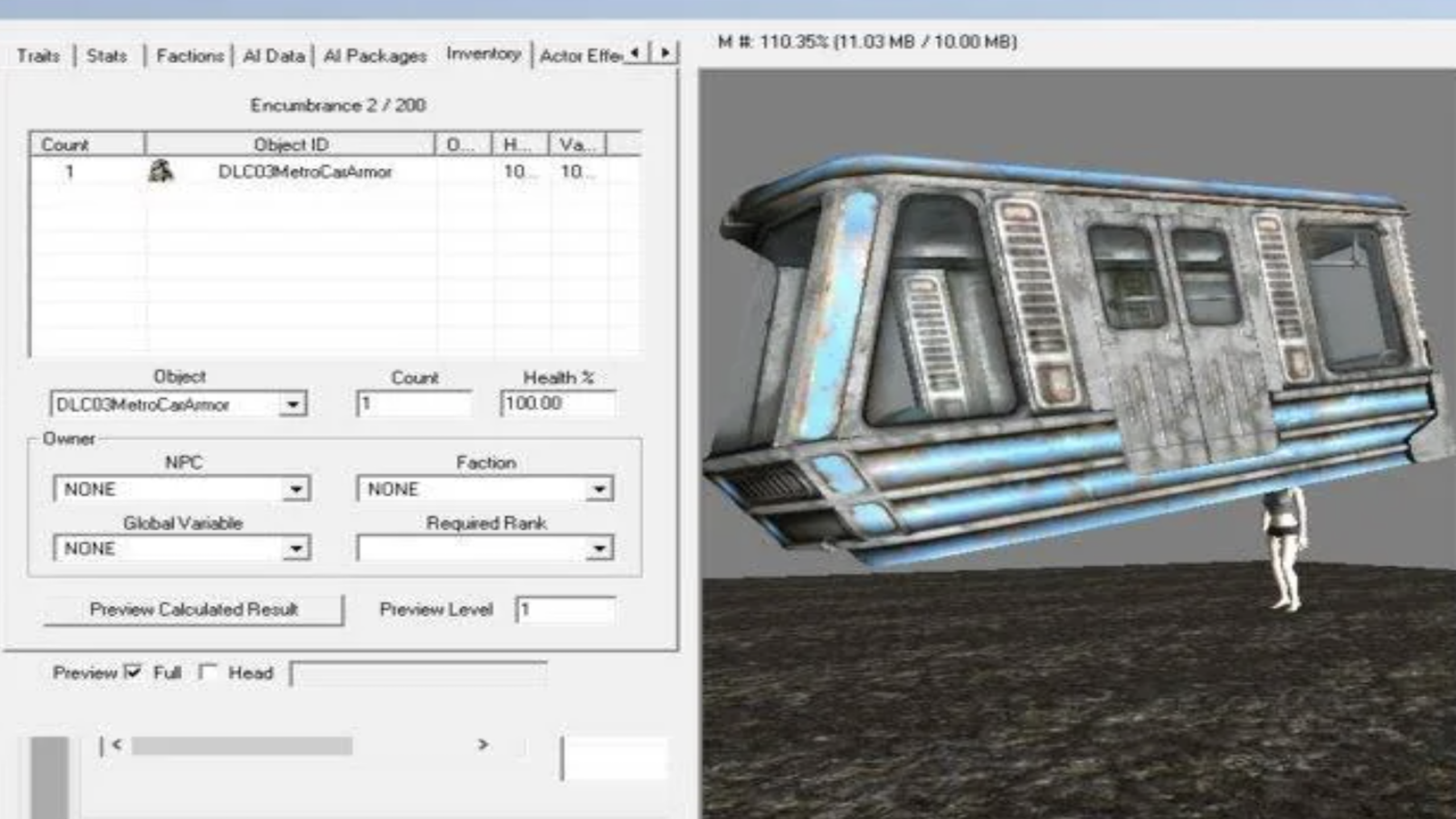 Video game development interface showing an inventory menu on the left and a 3D model of a subway car floating above a human character on the right in a barren environment, hinting at hidden video game secrets waiting to be uncovered.