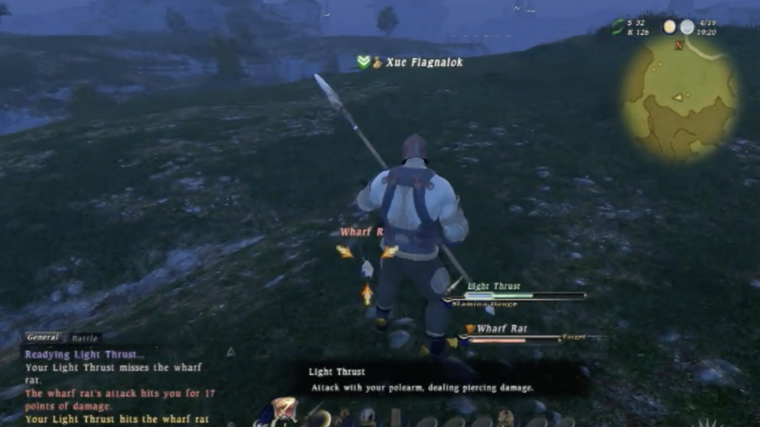 A character with a spear faces two “Wharf Rat” enemies on a grassy hillside at dusk in a fantasy video game, showcasing the polished visuals and interface often seen in expensive games. Game menus and HUD elements are visible on the screen.