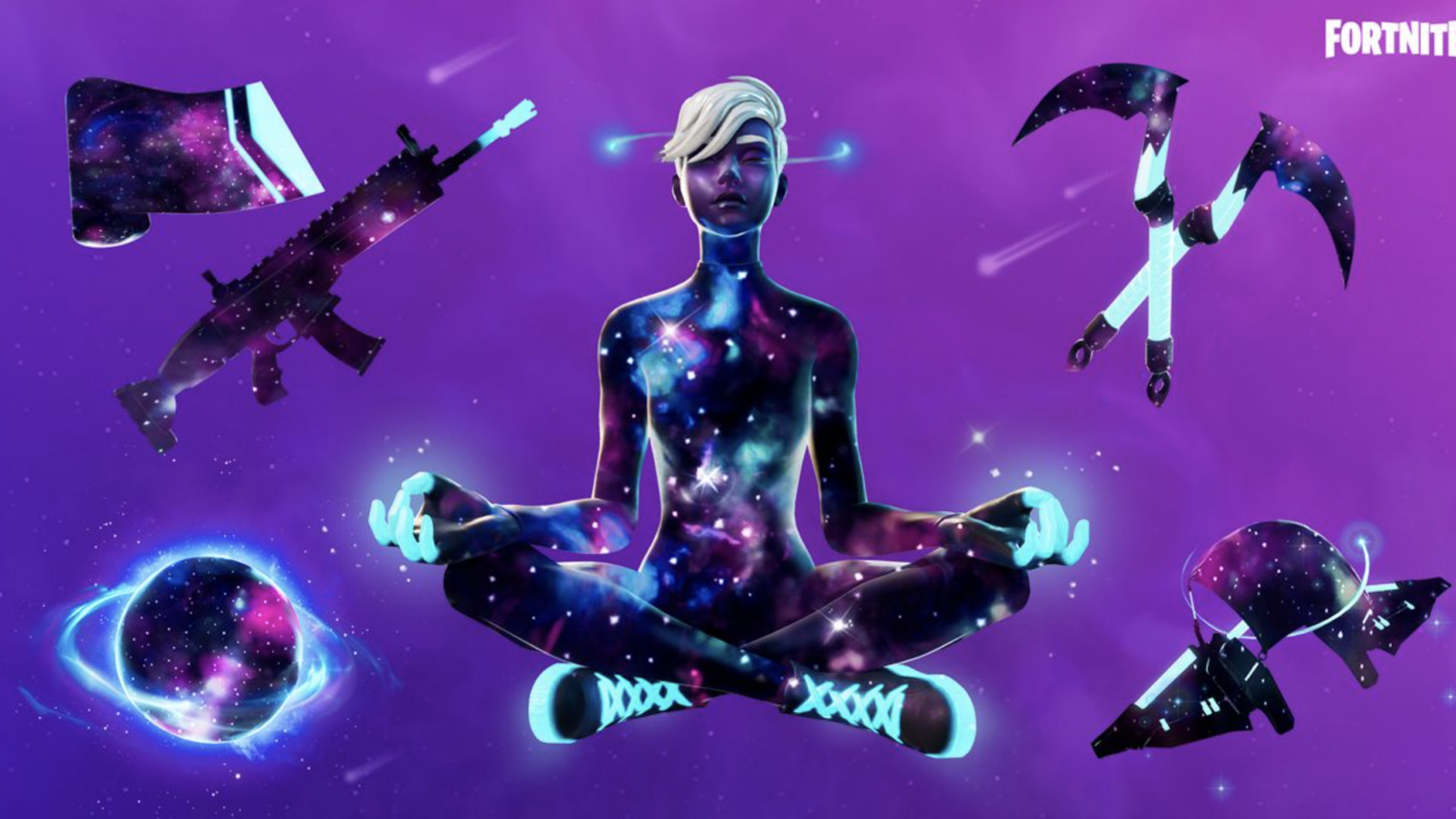 A Fortnite character with a galaxy-themed body sits cross-legged, meditating, surrounded by cosmic items—an assault rifle, pickaxe, glider, back bling, and swirling portal—against a purple space background. This mesmerizing scene highlights one of the most iconic Fortnite Skins that seamlessly blends tranquility with intergalactic power.