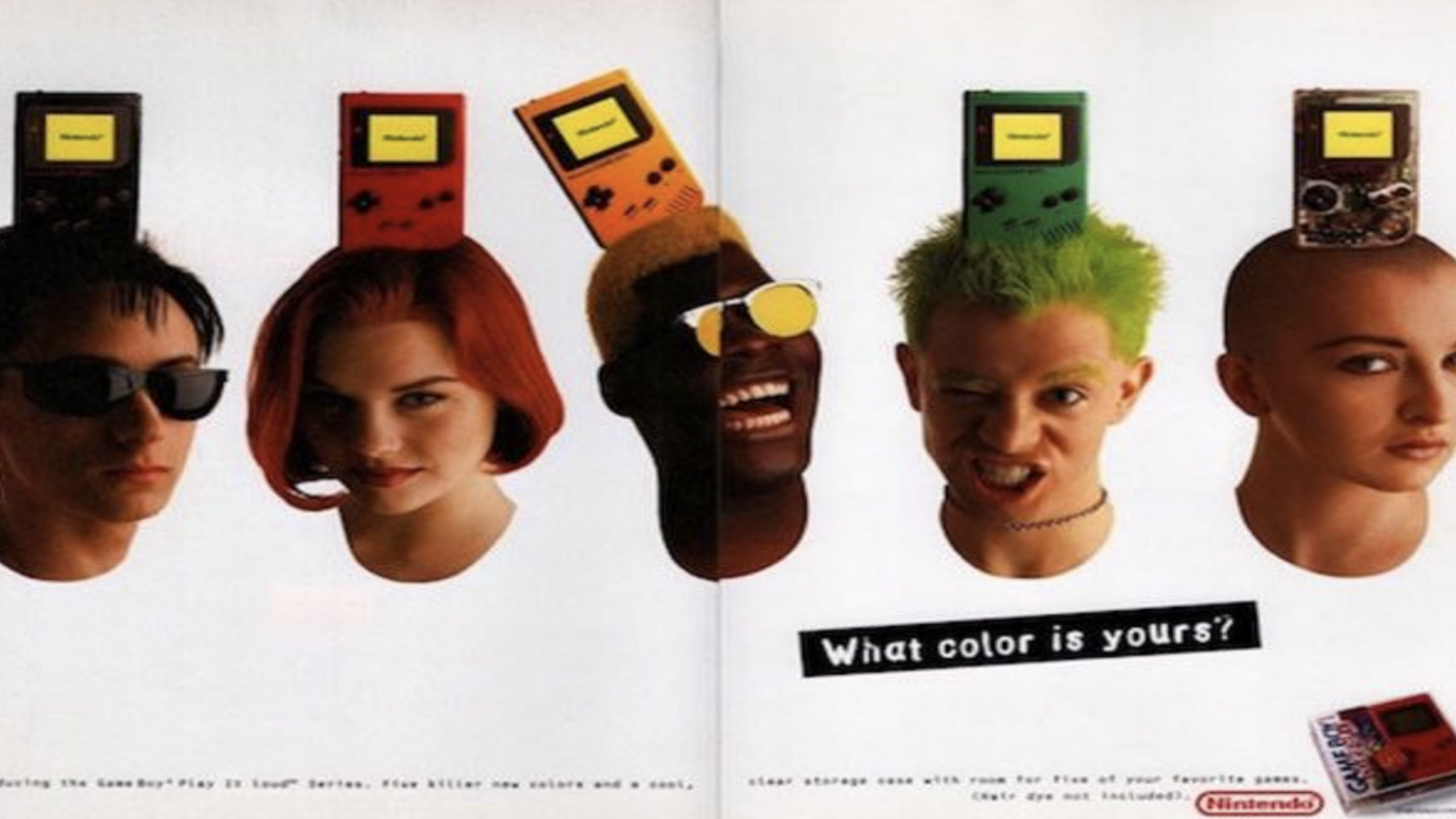 Five people with different hair colors each have a colored Game Boy on their heads, playfully showcasing the variety of Nintendo Consoles. The text reads: "What color is yours?" promoting the Nintendo Game Boy in various vibrant colors.