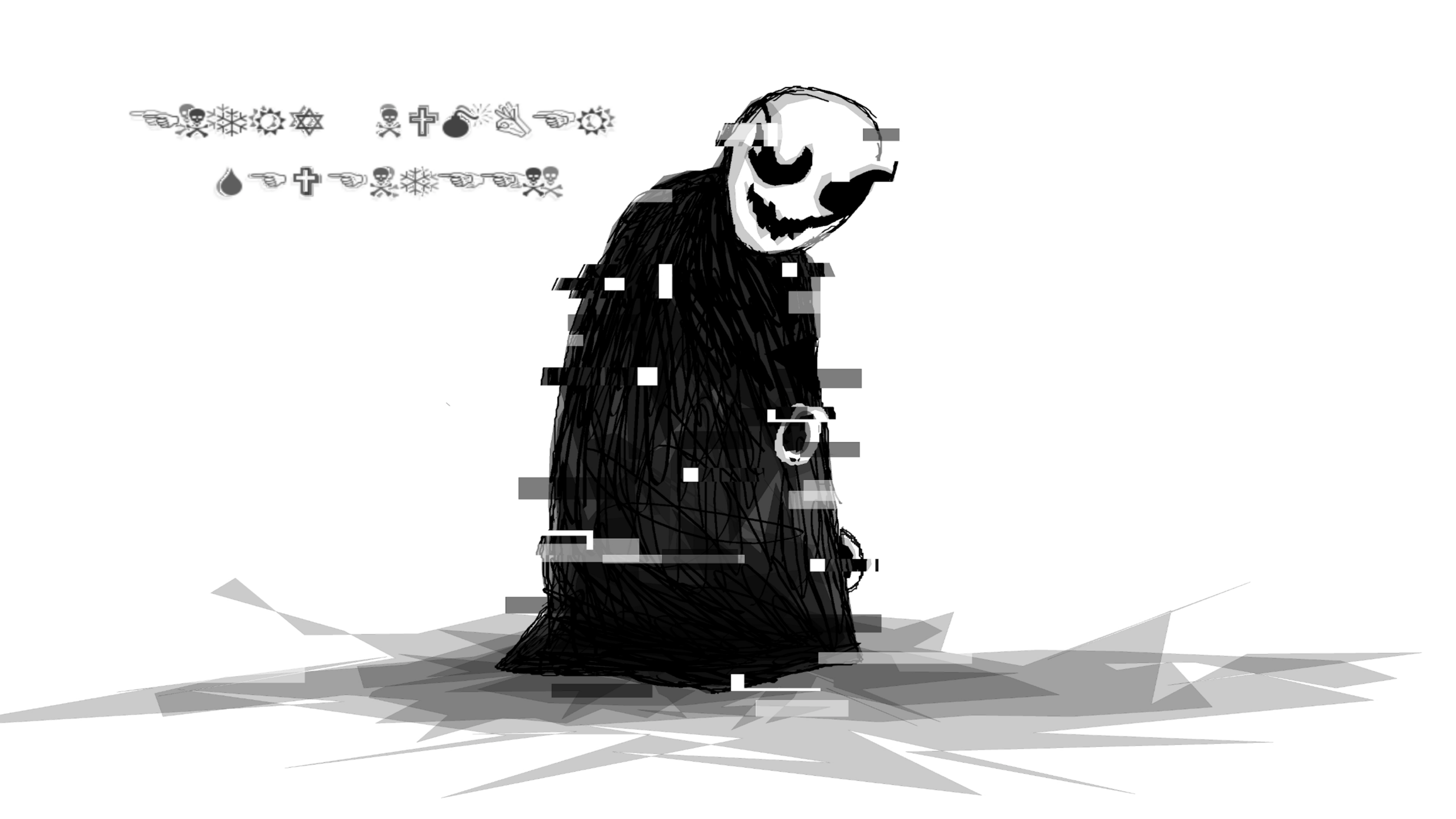 A tall, shadowy figure with a wide, eerie smile and hollow eyes stands surrounded by glitch effects. Cryptic symbols and icons appear above its head on a white background.