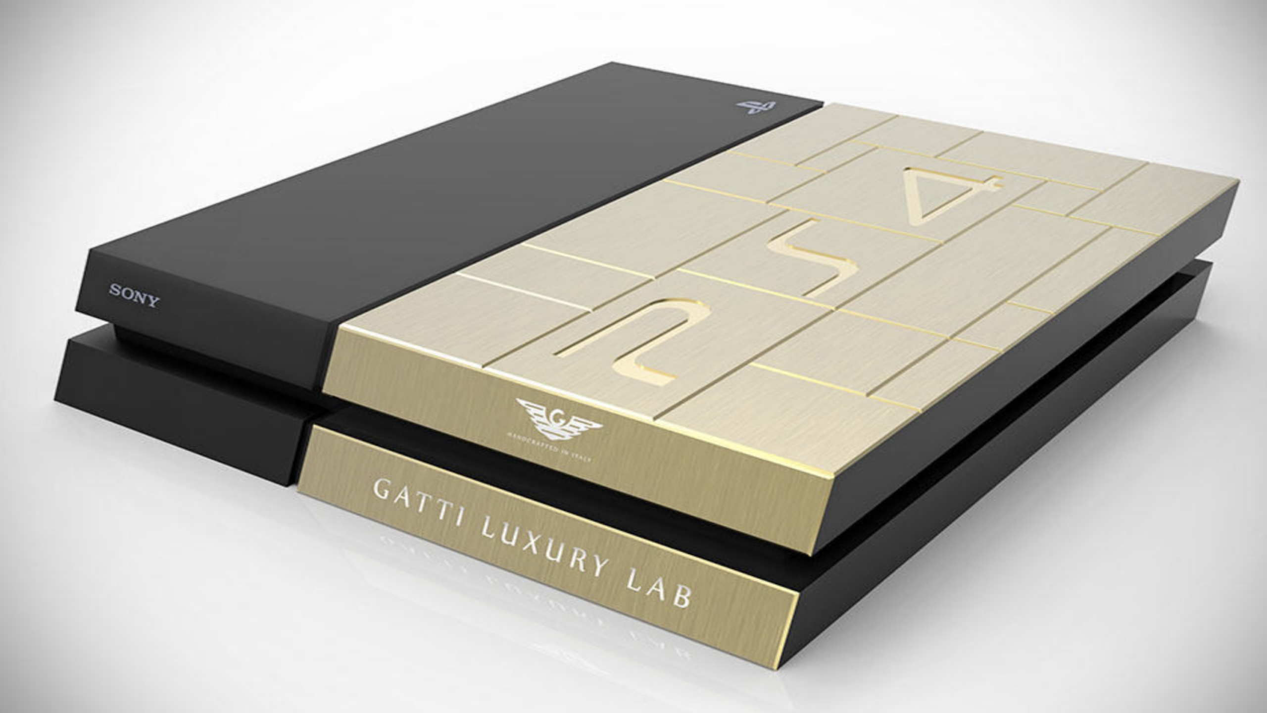 A PlayStation 4 console with a luxury gold and black redesign by Gatti Luxury Lab, this exclusive piece stands out among gaming consoles, featuring a textured gold panel and engraved branding.