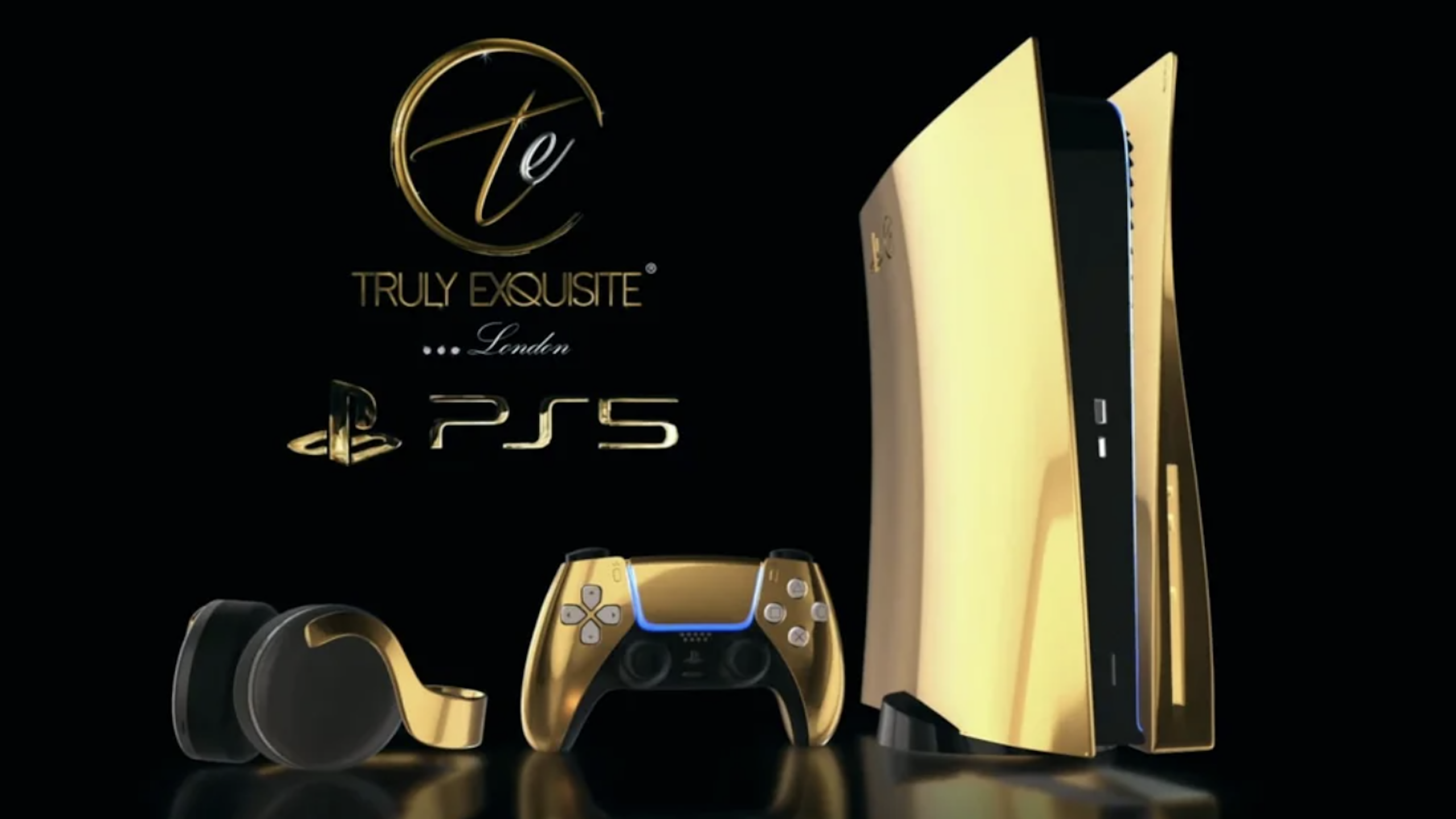 A gold-plated PlayStation 5 Gaming Console, controller, and headset are displayed on a black background with the logos "Truly Exquisite London" and "PS5" above them.