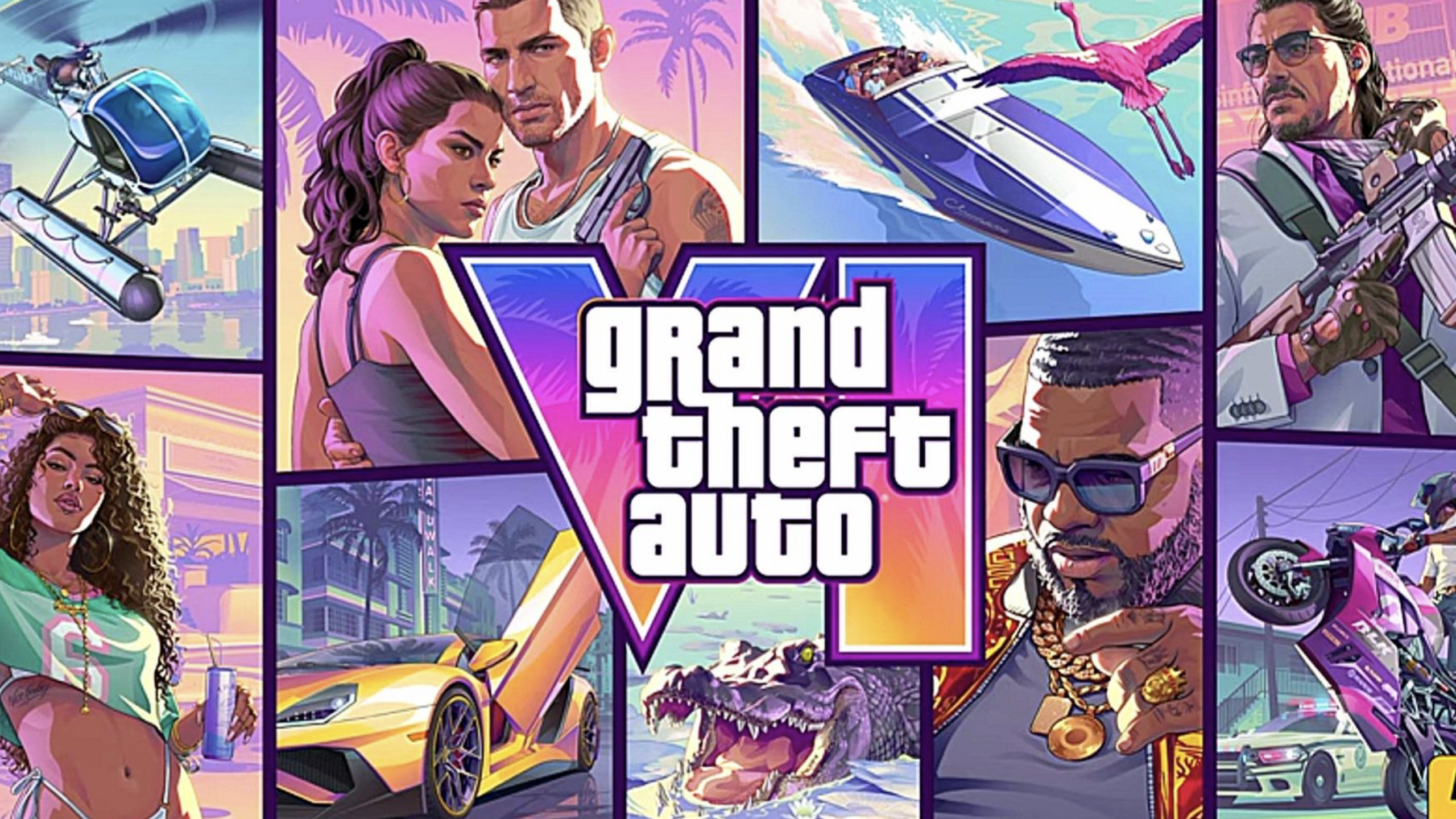 Collage of illustrated characters, cars, boats, and action scenes with palm trees, all around the large text “Grand Theft Auto VI.” Bright, vibrant colors and a Miami-like urban backdrop dominate the image, capturing the excitement and energy of physical games brought to vivid life.