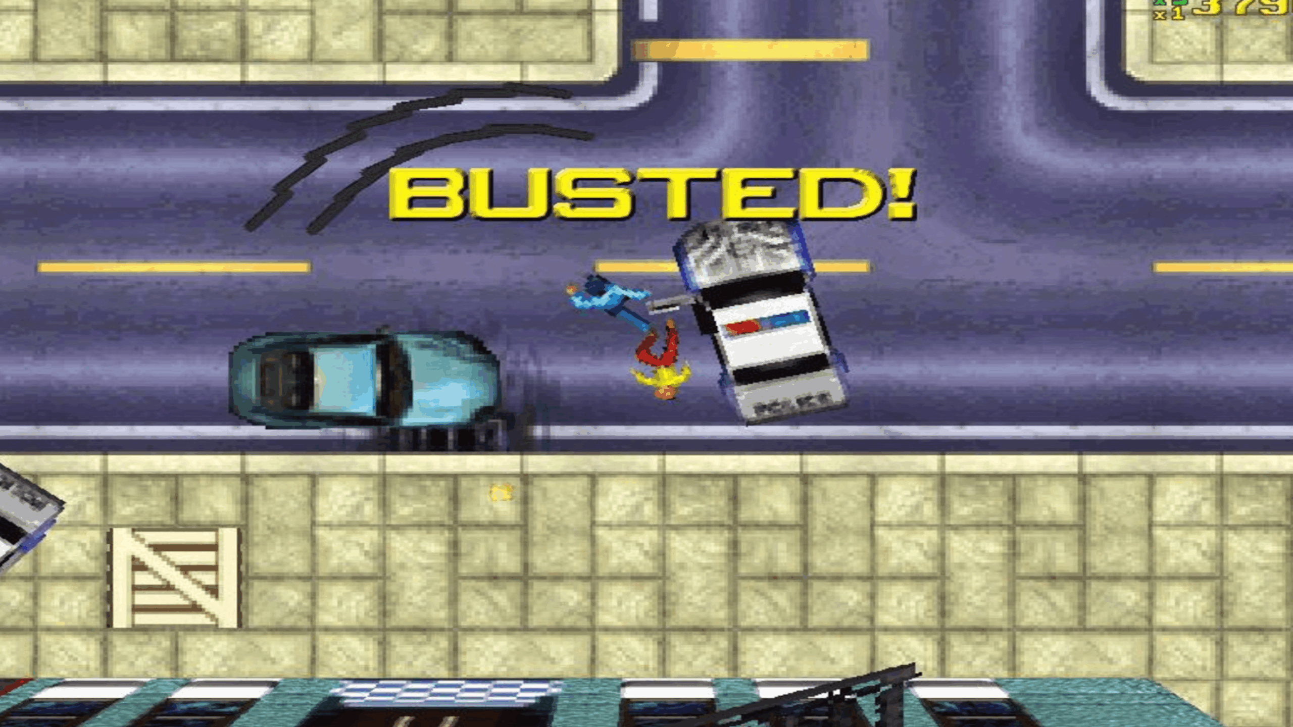 Overhead view of a video game street scene with a police car, a blue car, a character being arrested, and large yellow text saying “BUSTED!” appearing above them—perfect for uncovering hidden Video Game Secrets in action.